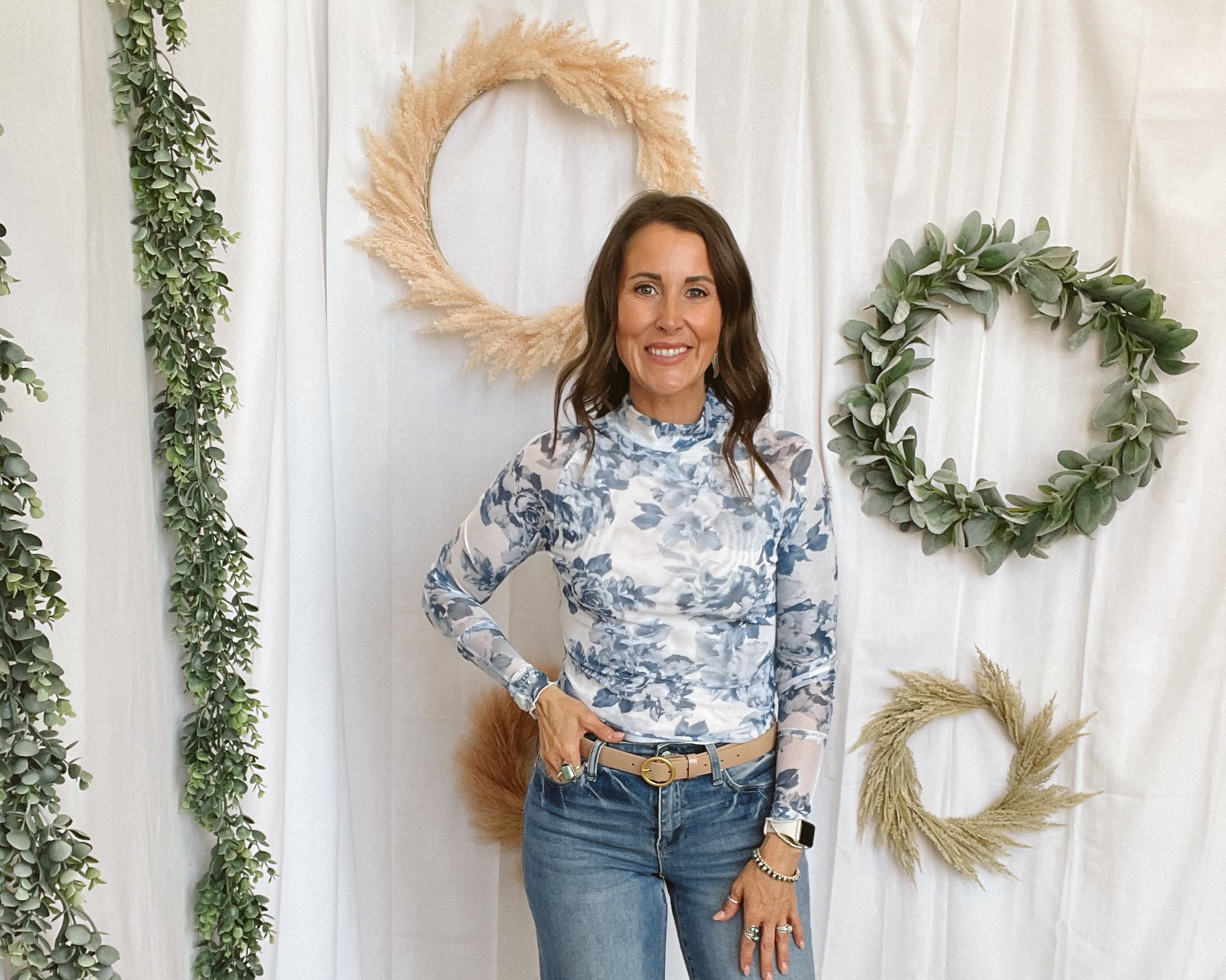 Blue Floral Mesh Top-Graphic Tees-panache-The Silo Boutique, Women's Fashion Boutique Located in Warren and Grand Forks North Dakota