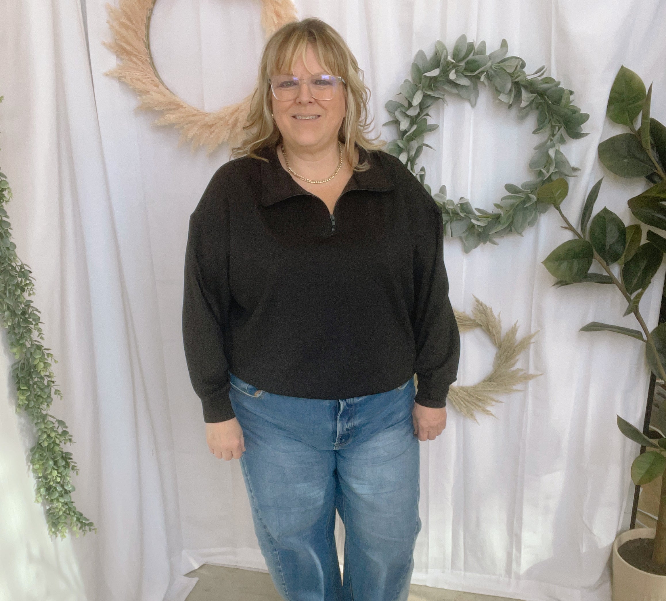 Zoe Scuba Quarter Zip Sweatshirt-Black-Sweatshirts-Zenana-The Silo Boutique, Women's Fashion Boutique Located in Warren and Grand Forks North Dakota