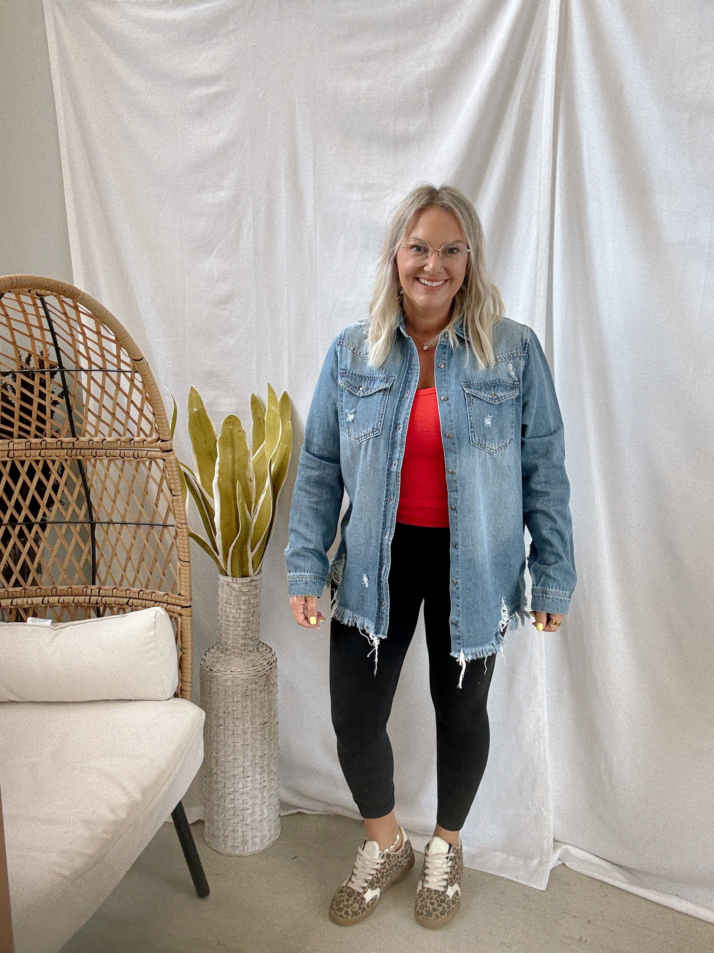 Risen Distressed Denim Shirt-Long Sleeve Tops-risen-The Silo Boutique, Women's Fashion Boutique Located in Warren and Grand Forks North Dakota