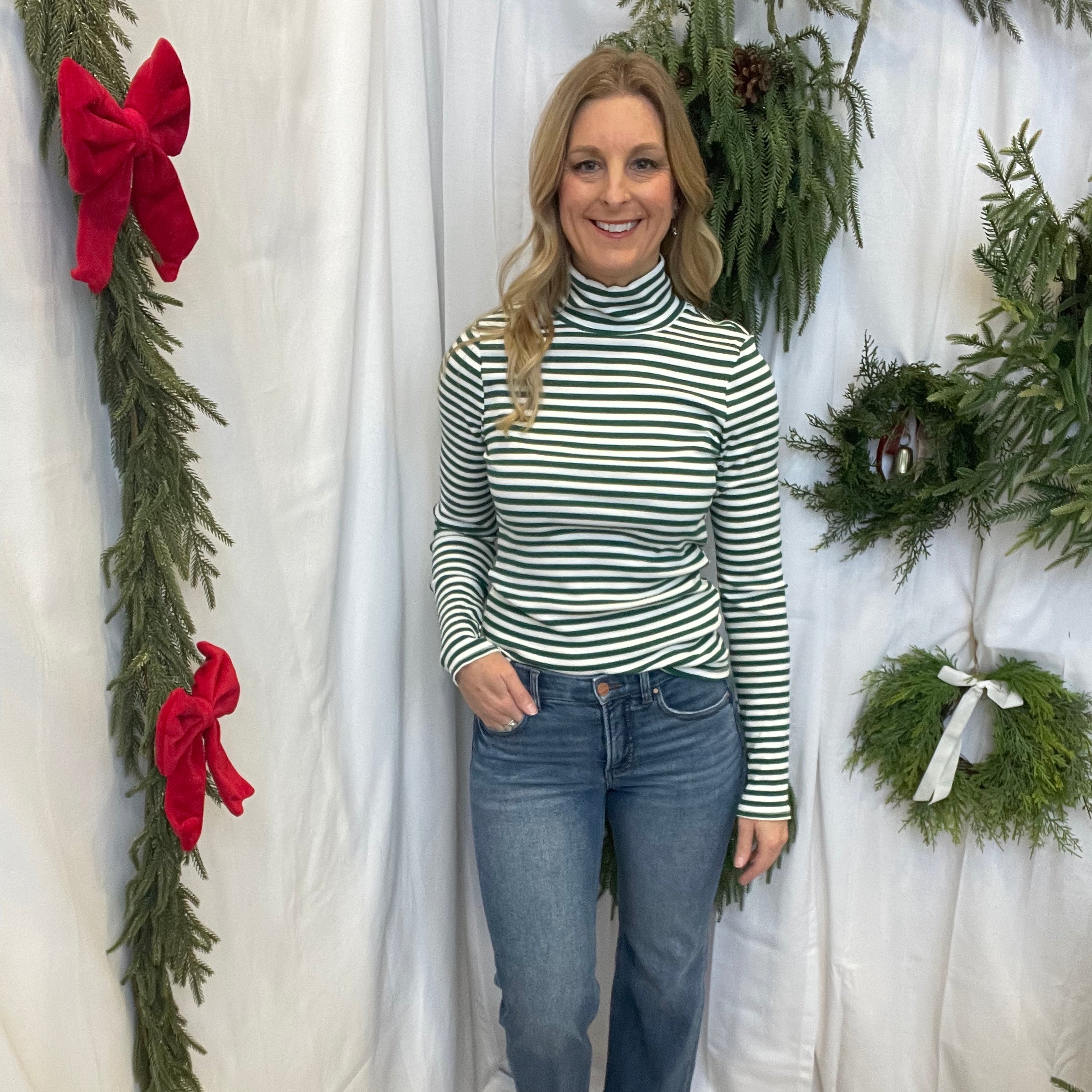 Leslie Striped Turtleneck-Green-Long Sleeve Tops-hyfve-The Silo Boutique, Women's Fashion Boutique Located in Warren and Grand Forks North Dakota
