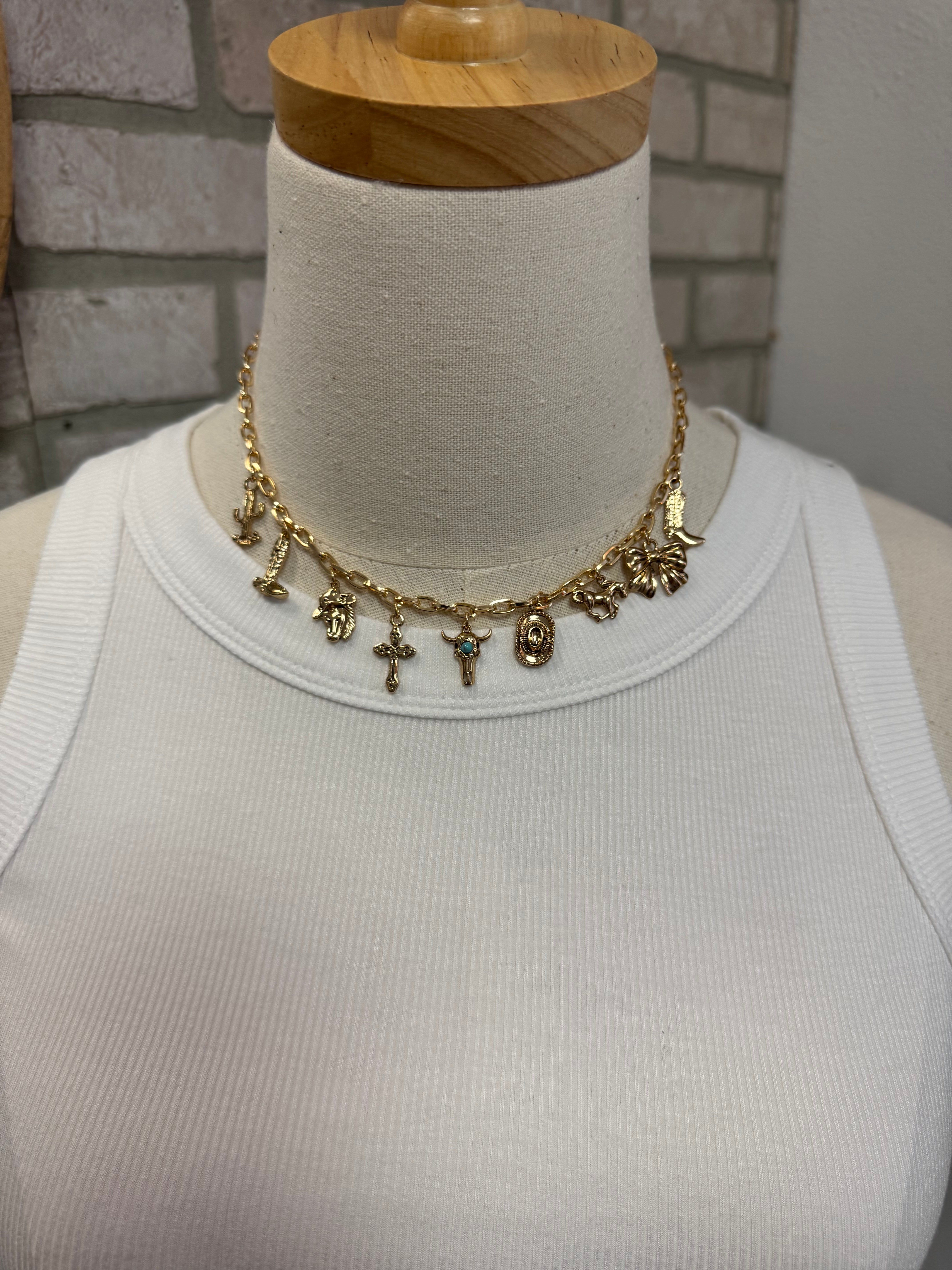 Western 9 Charms Gold Necklace-Necklaces-Fame-The Silo Boutique, Women's Fashion Boutique Located in Warren and Grand Forks North Dakota