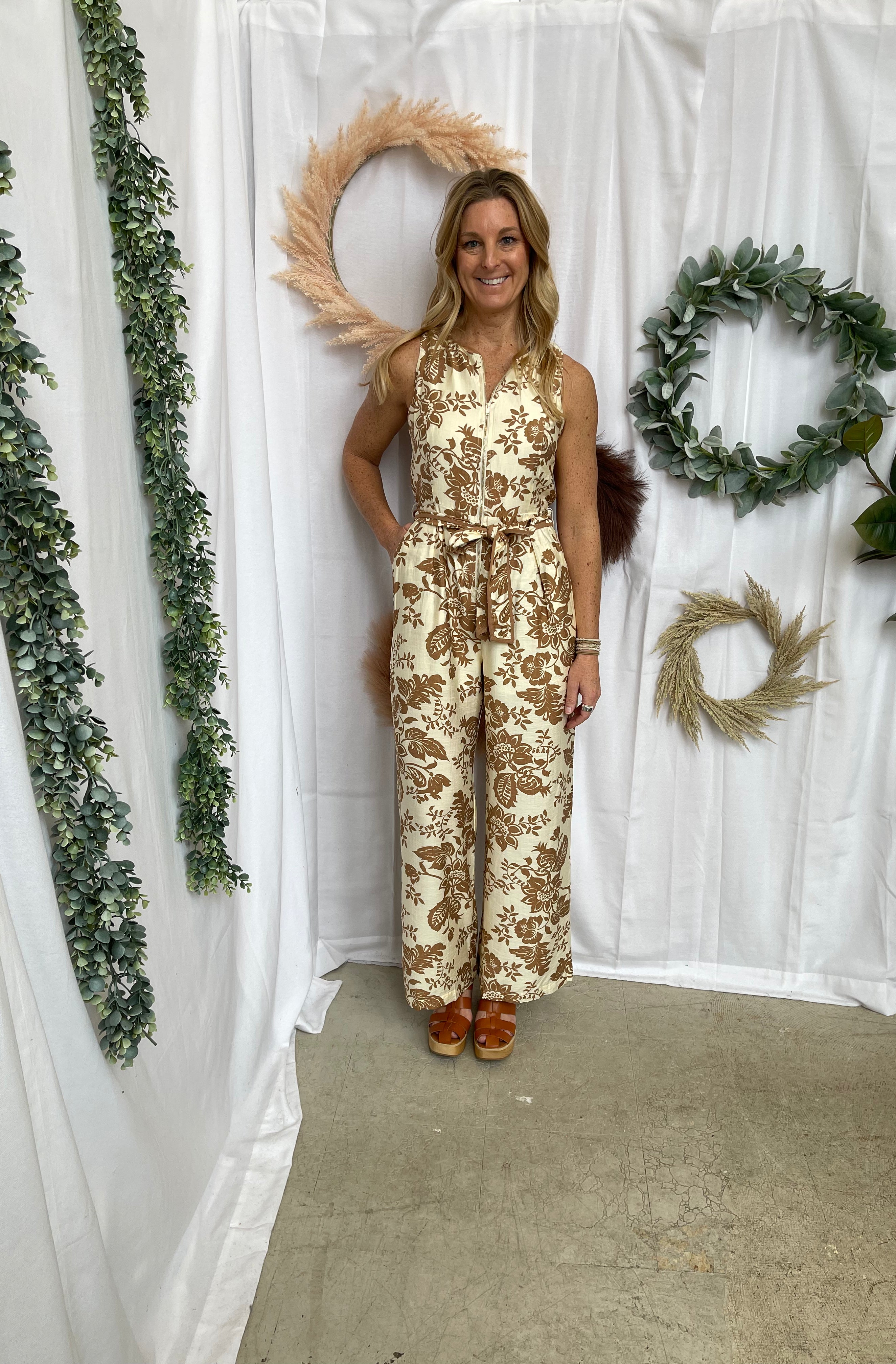 Rae Floral Print Jumpsuit-Taupe-Final sale-Jumpsuits & Rompers-Doe and Rae-The Silo Boutique, Women's Fashion Boutique Located in Warren and Grand Forks North Dakota
