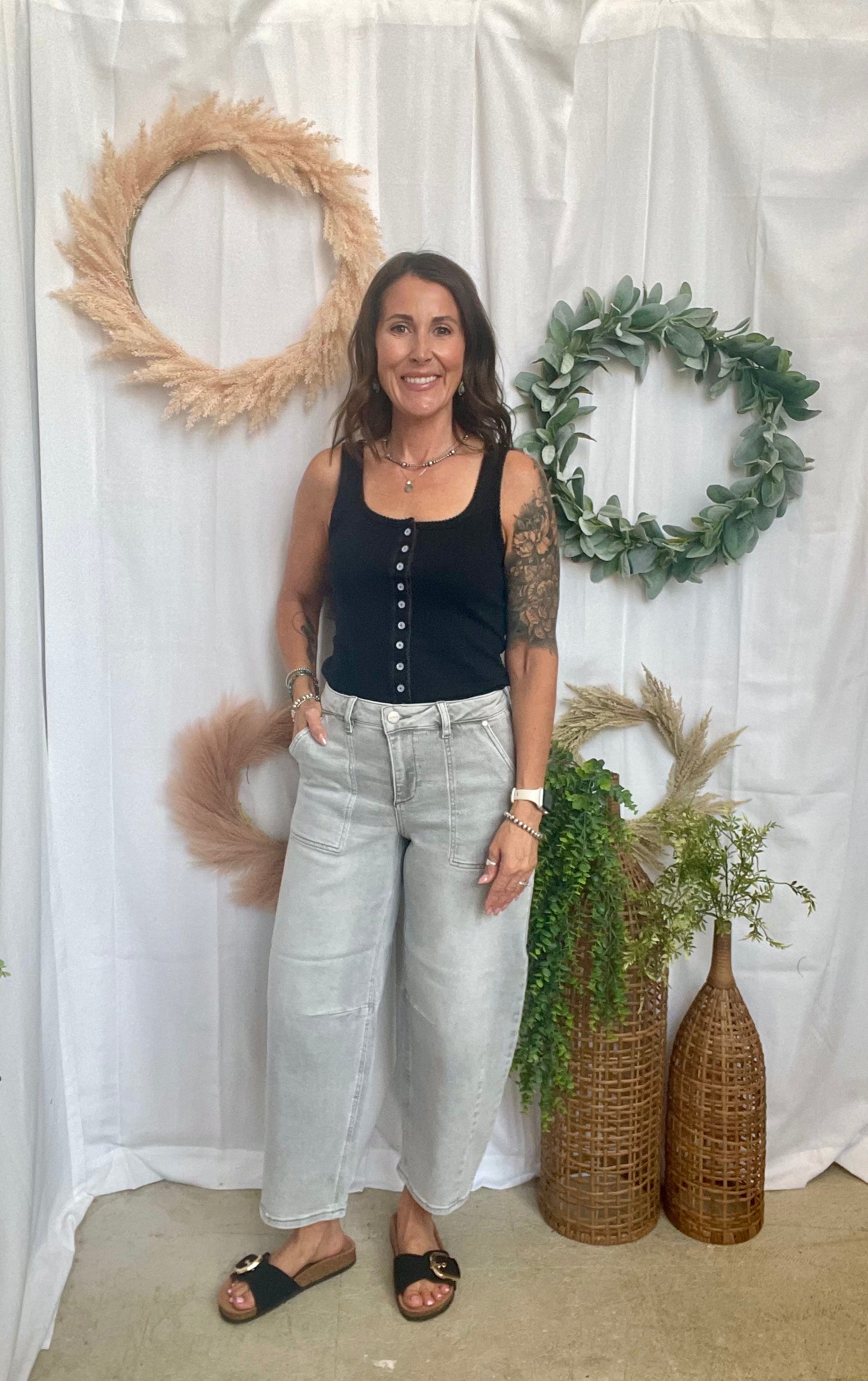 Rae Black Button Tank-Short Sleeve Tops-Doe and Rae-The Silo Boutique, Women's Fashion Boutique Located in Warren and Grand Forks North Dakota