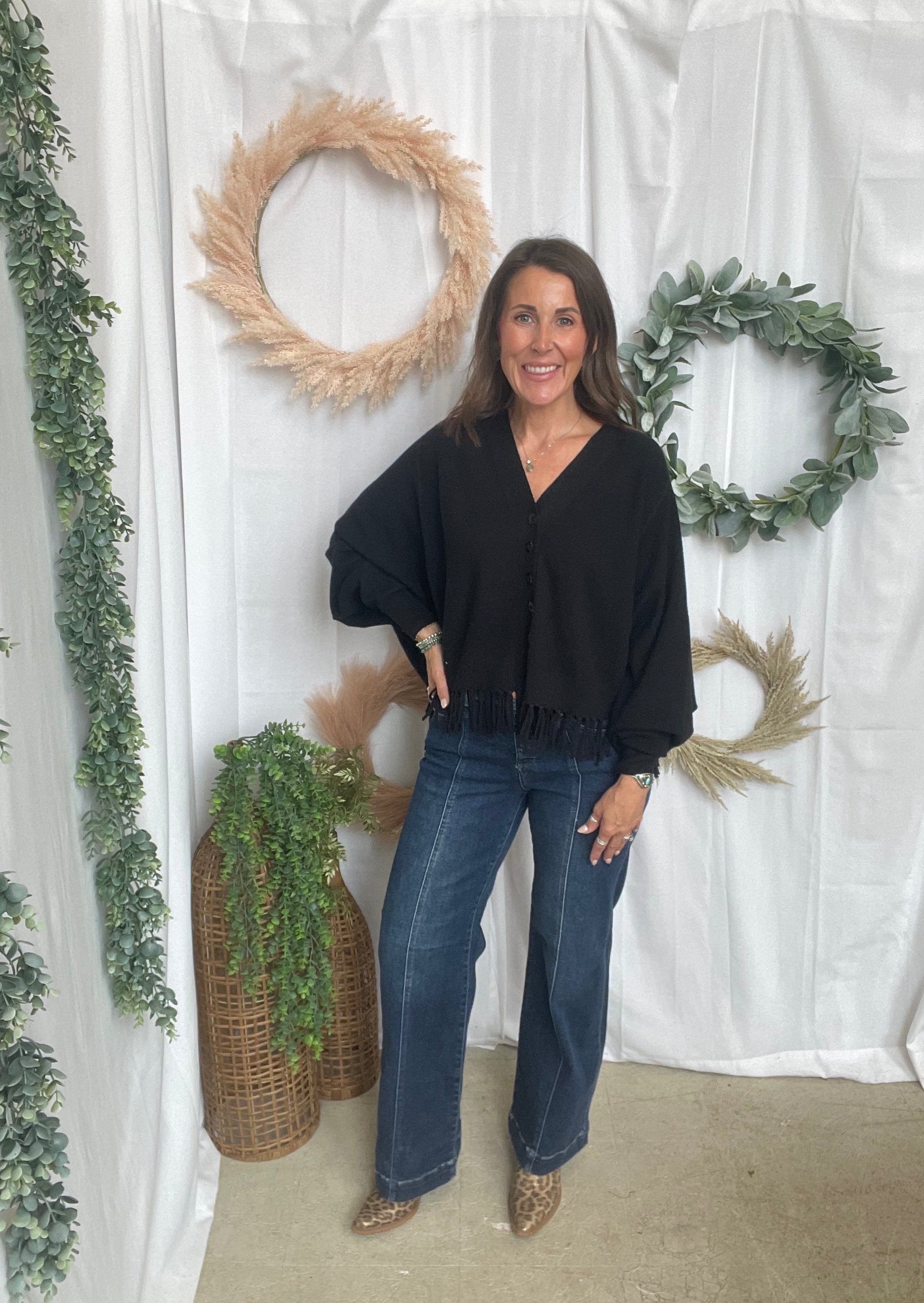 Farah Fringe Cardigan-Black-Cardigans-staccato-The Silo Boutique, Women's Fashion Boutique Located in Warren and Grand Forks North Dakota