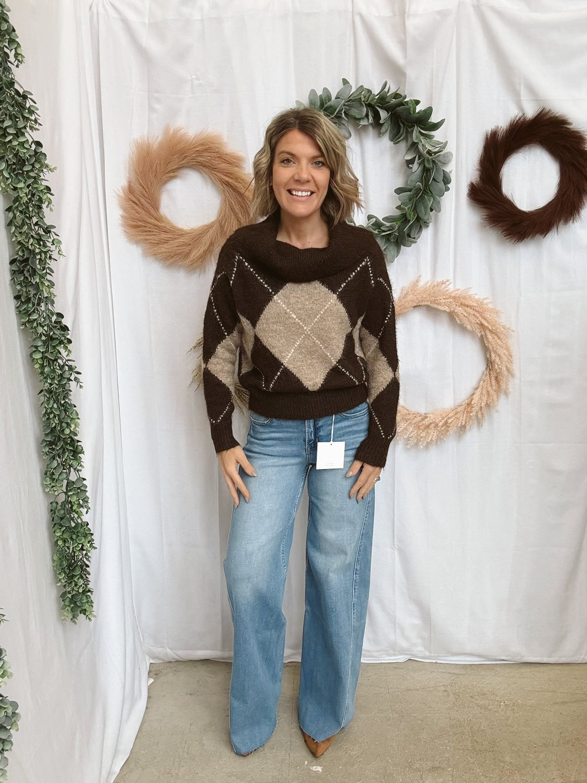 Argyle Off The Shoulder Sweater-Sweaters-miou muse-The Silo Boutique, Women's Fashion Boutique Located in Warren and Grand Forks North Dakota