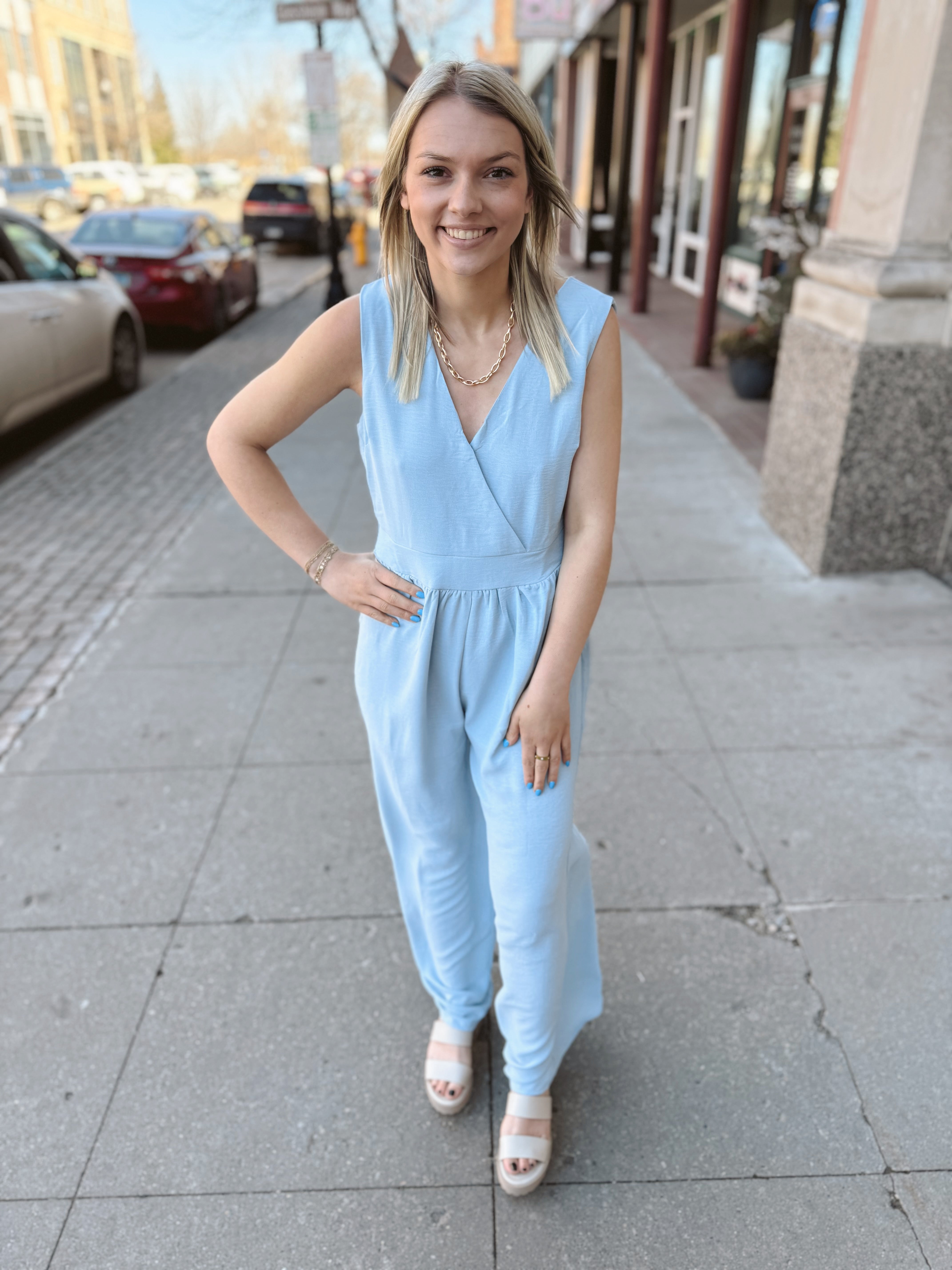 Light Blue Jumpsuit-Final Sale Online Only-Jumpsuits & Rompers-she and sky-The Silo Boutique, Women's Fashion Boutique Located in Warren and Grand Forks North Dakota