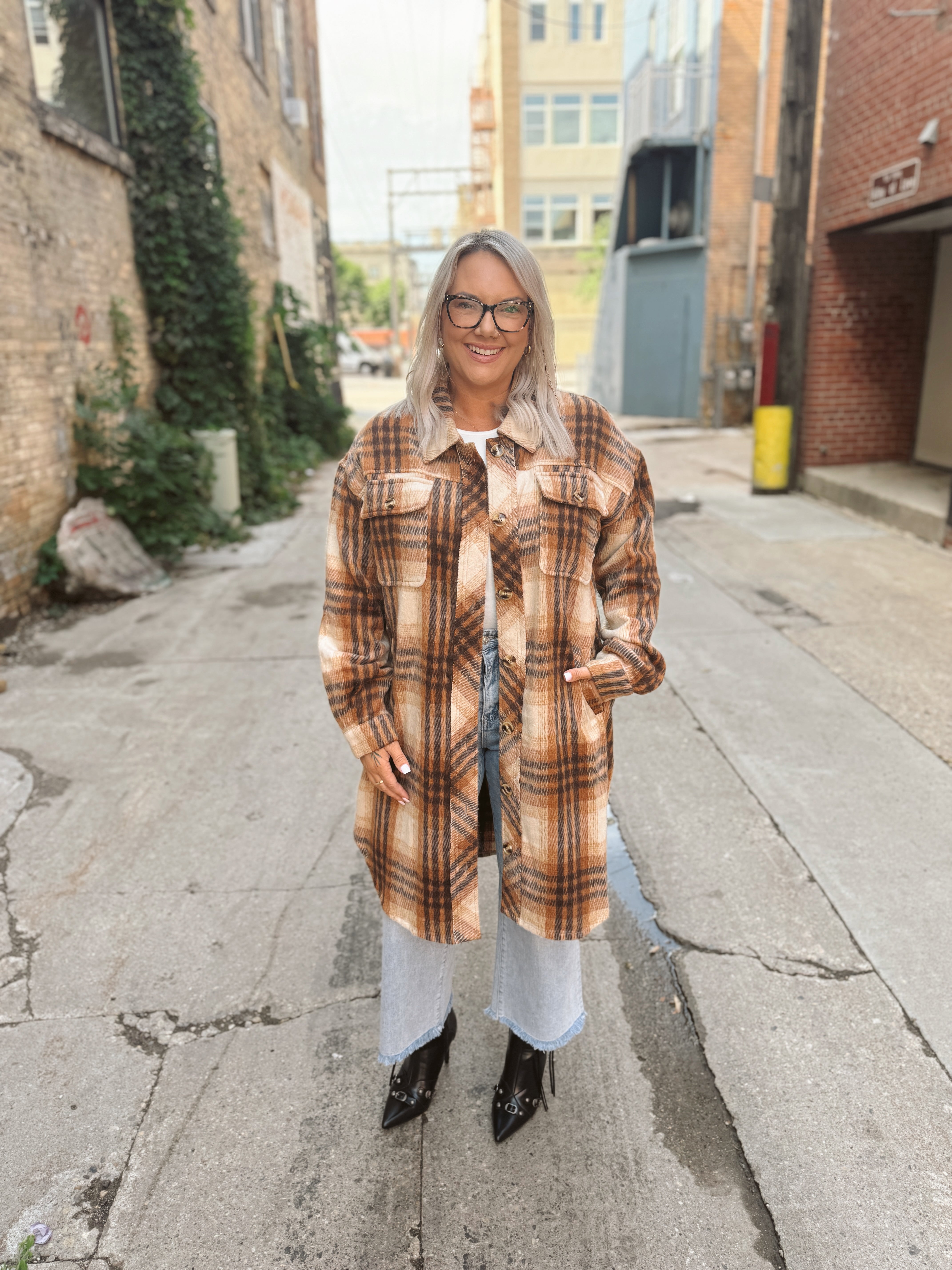 Camel Plaid Long Shacket-Shackets-mystree-The Silo Boutique, Women's Fashion Boutique Located in Warren and Grand Forks North Dakota