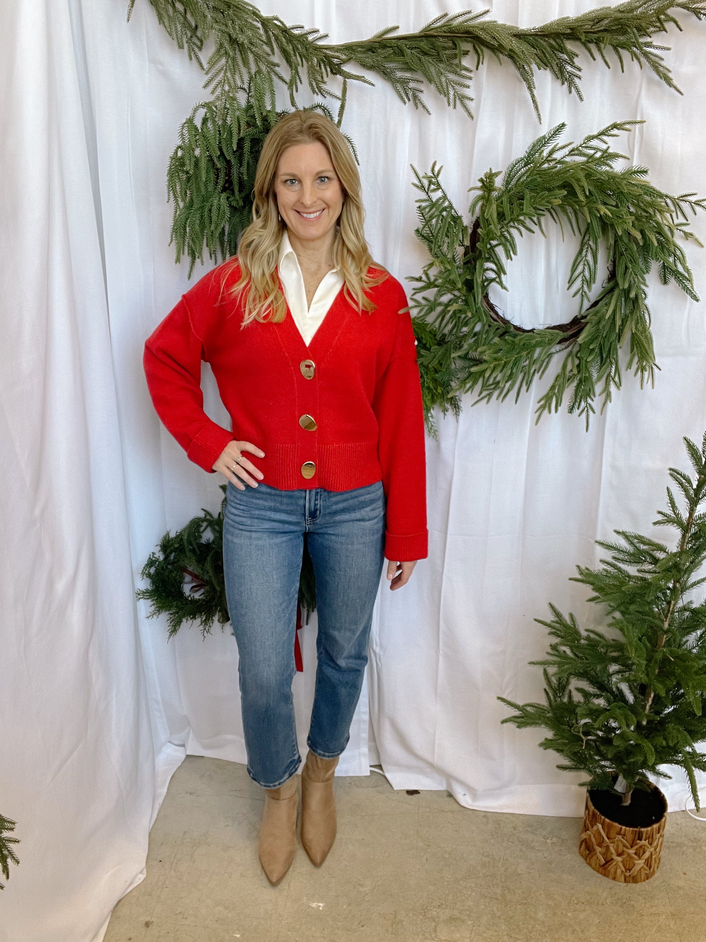 Gold Button Sweater Cardigan-Red-Final Sale-Cardigans-she and sky-The Silo Boutique, Women's Fashion Boutique Located in Warren and Grand Forks North Dakota