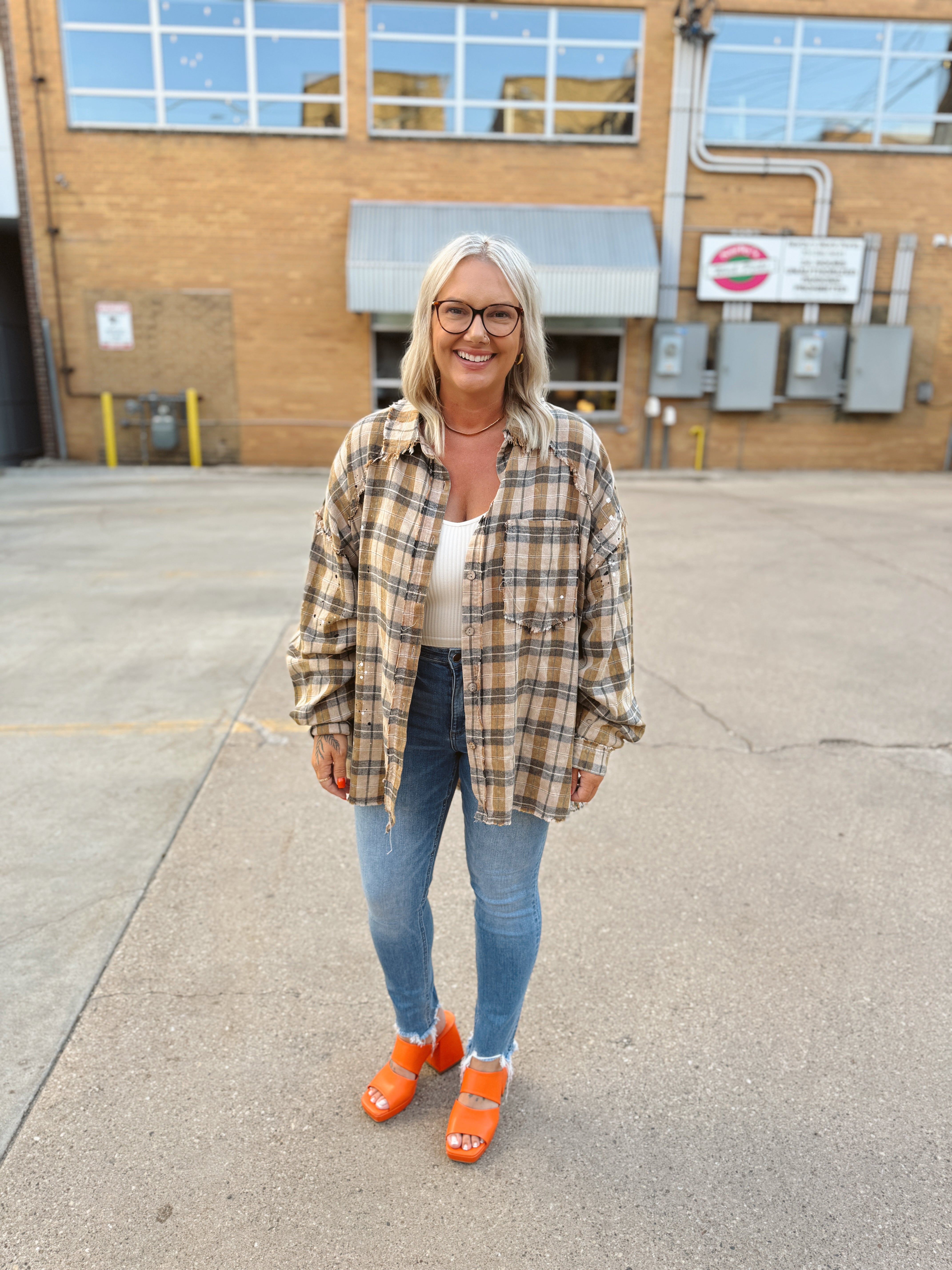 Oli Sand Oversized Plaid Flannel-Long Sleeve Tops-oli & hali-The Silo Boutique, Women's Fashion Boutique Located in Warren and Grand Forks North Dakota