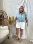 Collared Striped Denim Short Sleeve Shirt-Final Sale-Short Sleeve Tops-blu pepper-The Silo Boutique, Women's Fashion Boutique Located in Warren and Grand Forks North Dakota