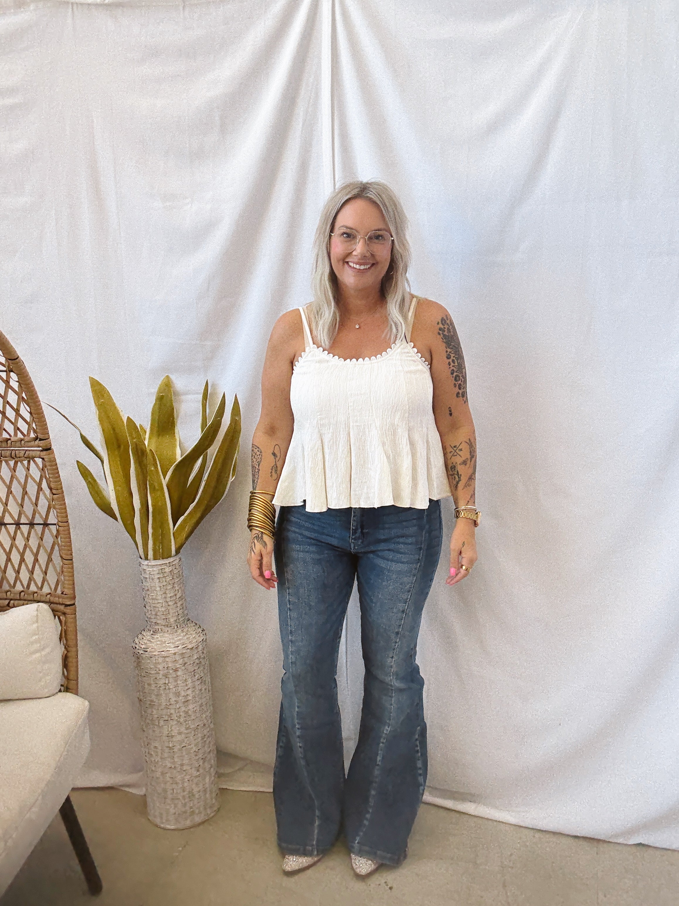 Crinkle Spaghetti Strap Tank-Cream-Final Sale-Tank Tops-Umgee-The Silo Boutique, Women's Fashion Boutique Located in Warren and Grand Forks North Dakota