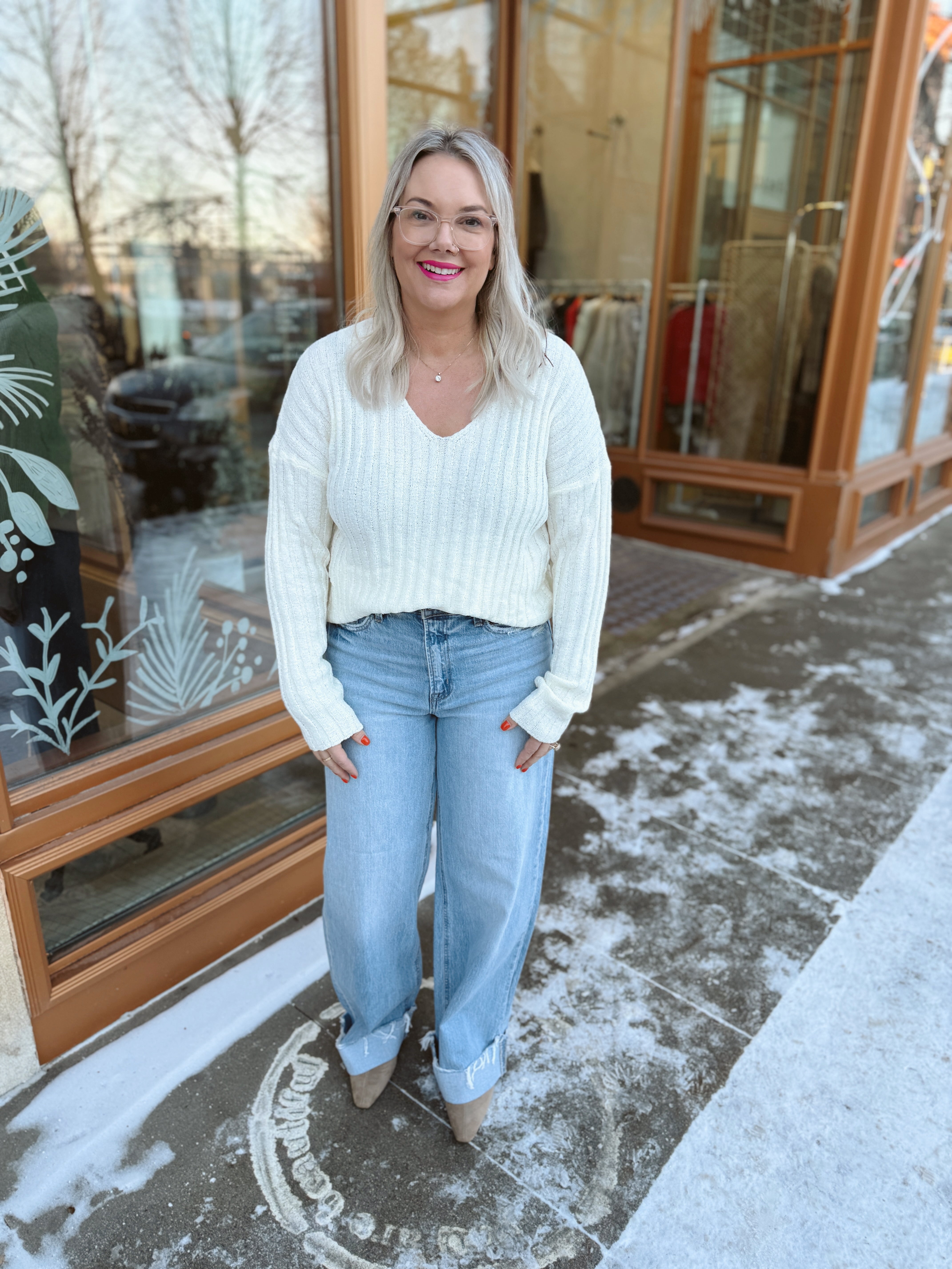 Raised Rib V Neck Sweater-Ivory-Sweaters-be cool-The Silo Boutique, Women's Fashion Boutique Located in Warren and Grand Forks North Dakota