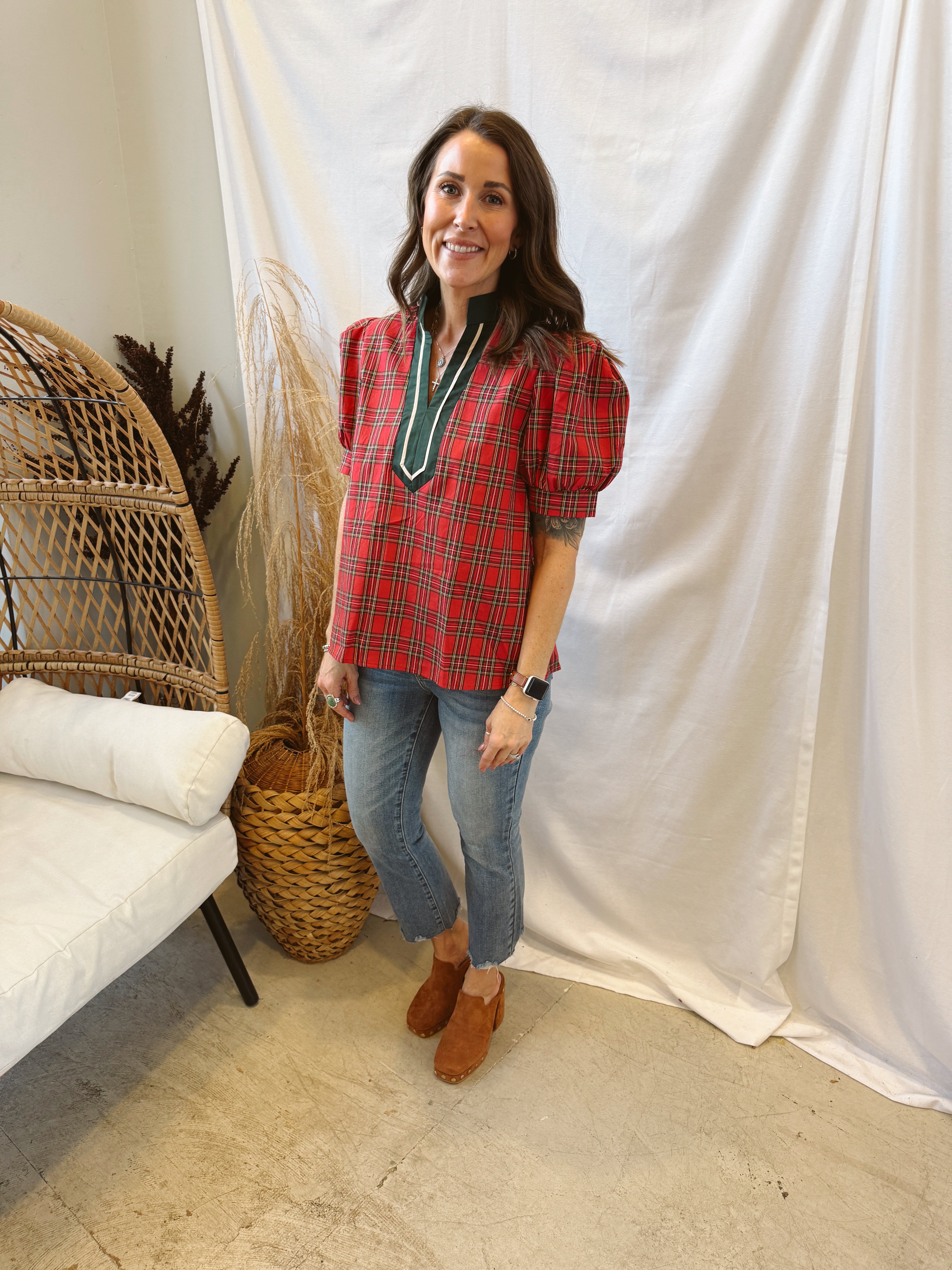 Christmas Plaid V Neck Top-Final Sale-Short Sleeve Tops-entro-The Silo Boutique, Women's Fashion Boutique Located in Warren and Grand Forks North Dakota