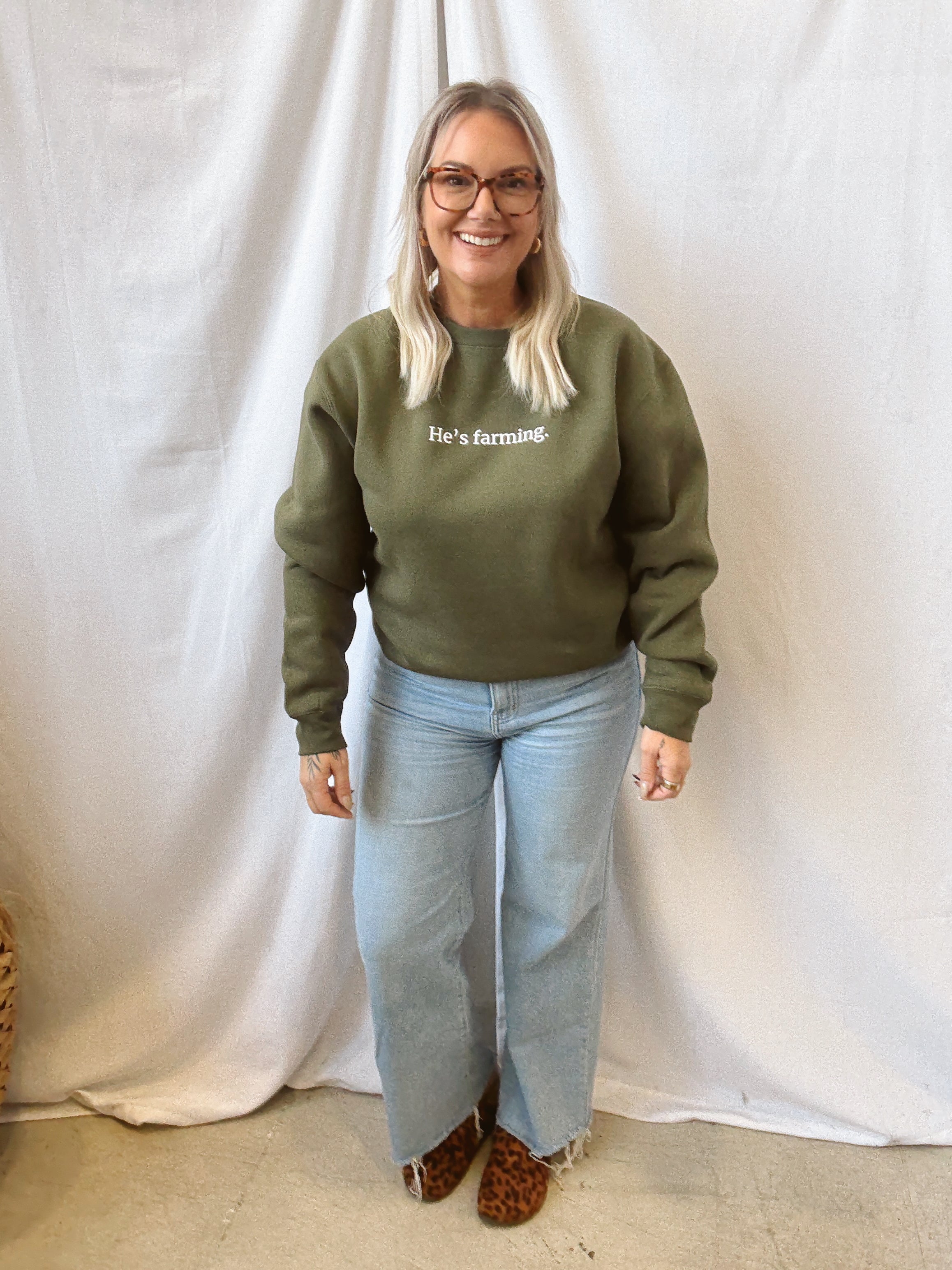 He's Farming Sweatshirt-Final Sale-Sweatshirts-american farm company-The Silo Boutique, Women's Fashion Boutique Located in Warren and Grand Forks North Dakota