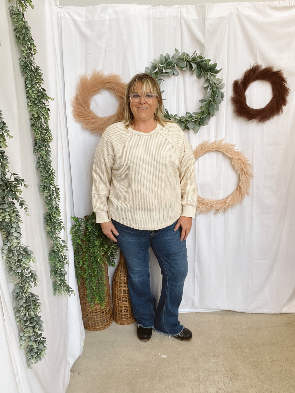 Jess Long Sleeve Waffle Top-Cream-Long Sleeve Tops-very j-The Silo Boutique, Women's Fashion Boutique Located in Warren and Grand Forks North Dakota