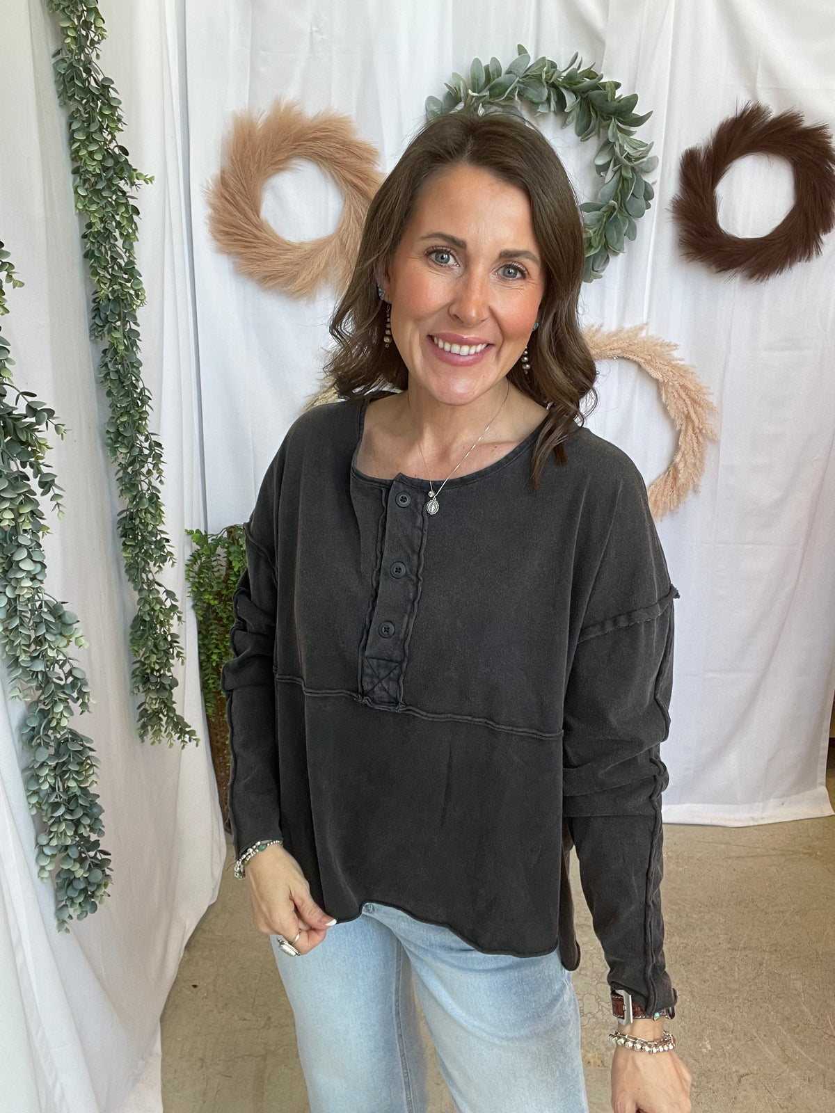 Libby Raw Edge Henley Top-Black-Long Sleeve Tops-hyfve-The Silo Boutique, Women's Fashion Boutique Located in Warren and Grand Forks North Dakota