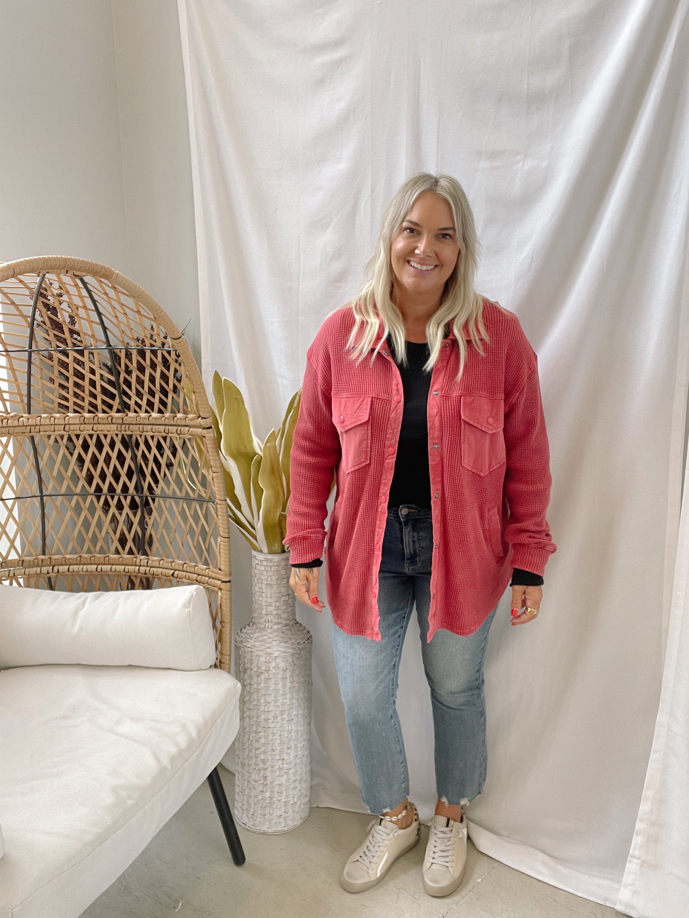 Waffle Knit Button Down Top-Red-Coats & Jackets-mono b-The Silo Boutique, Women's Fashion Boutique Located in Warren and Grand Forks North Dakota