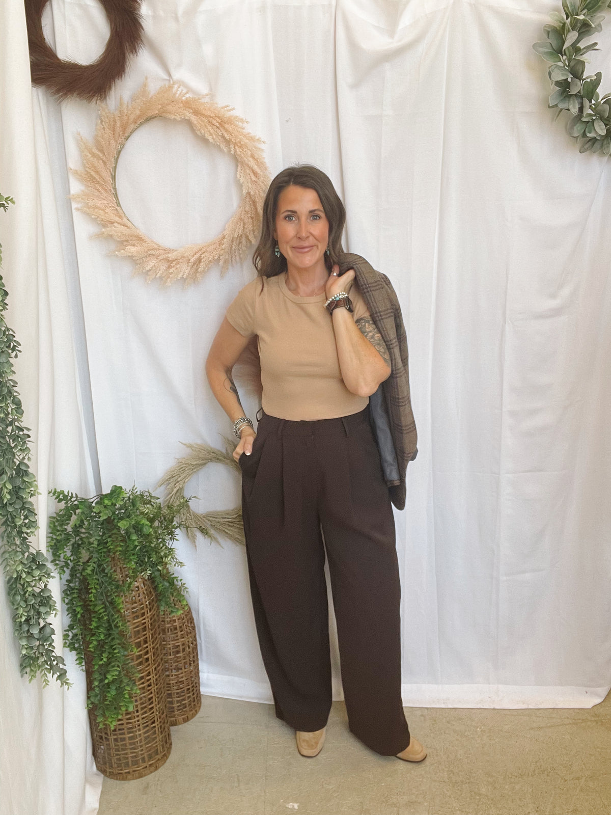 Jane Wide Tuck Pants-Brown-sweatpants-jade by jane-The Silo Boutique, Women's Fashion Boutique Located in Warren and Grand Forks North Dakota