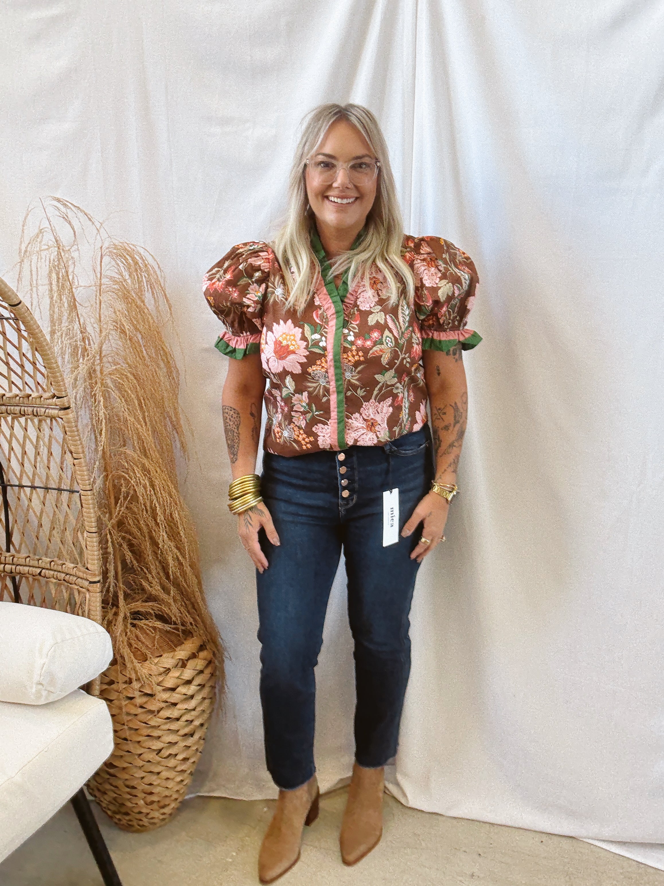 Brown Floral Ruffle Top-Final Sale-Short Sleeve Tops-ENTRO-The Silo Boutique, Women's Fashion Boutique Located in Warren and Grand Forks North Dakota