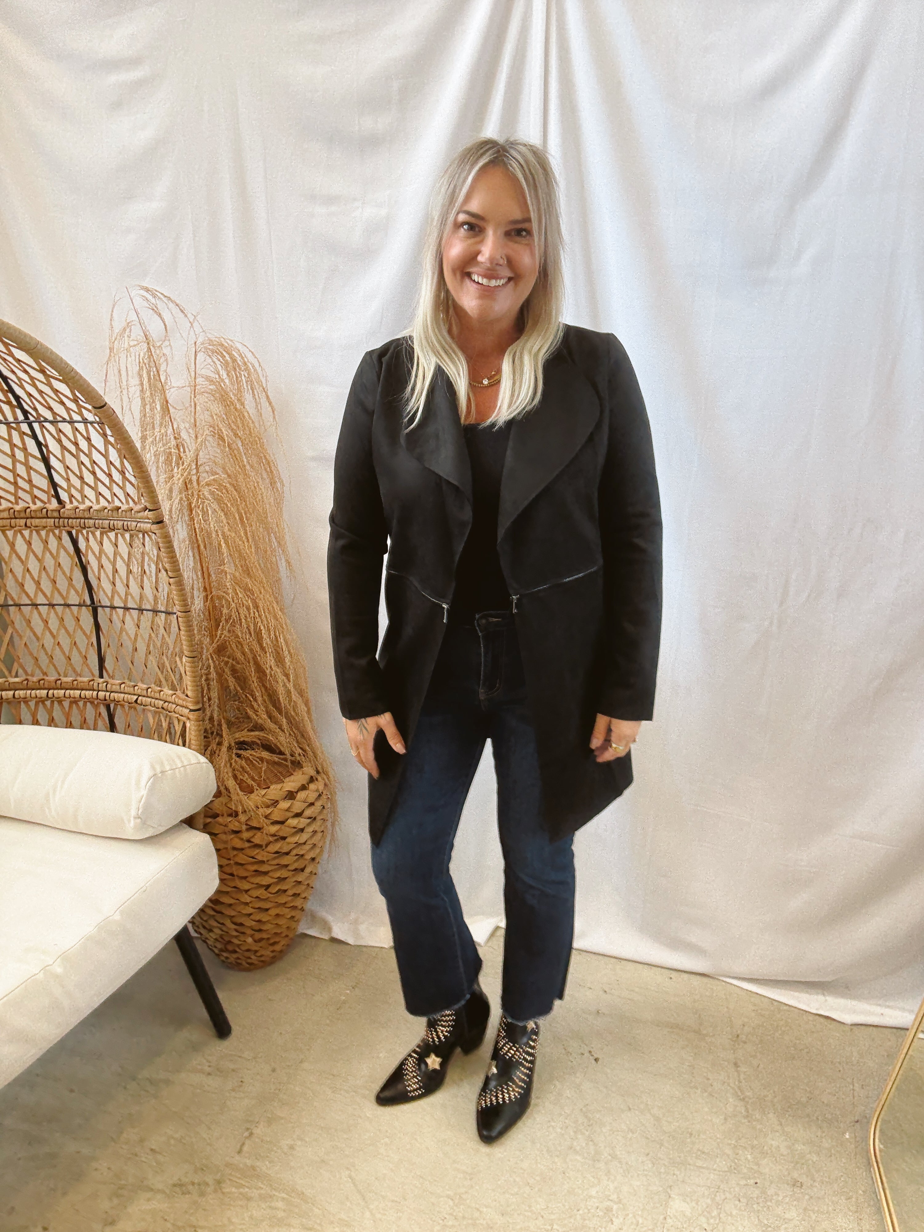 Long Sleeve Suede Jacket-Black-Final Sale-Coats & Jackets-active basics-The Silo Boutique, Women's Fashion Boutique Located in Warren and Grand Forks North Dakota