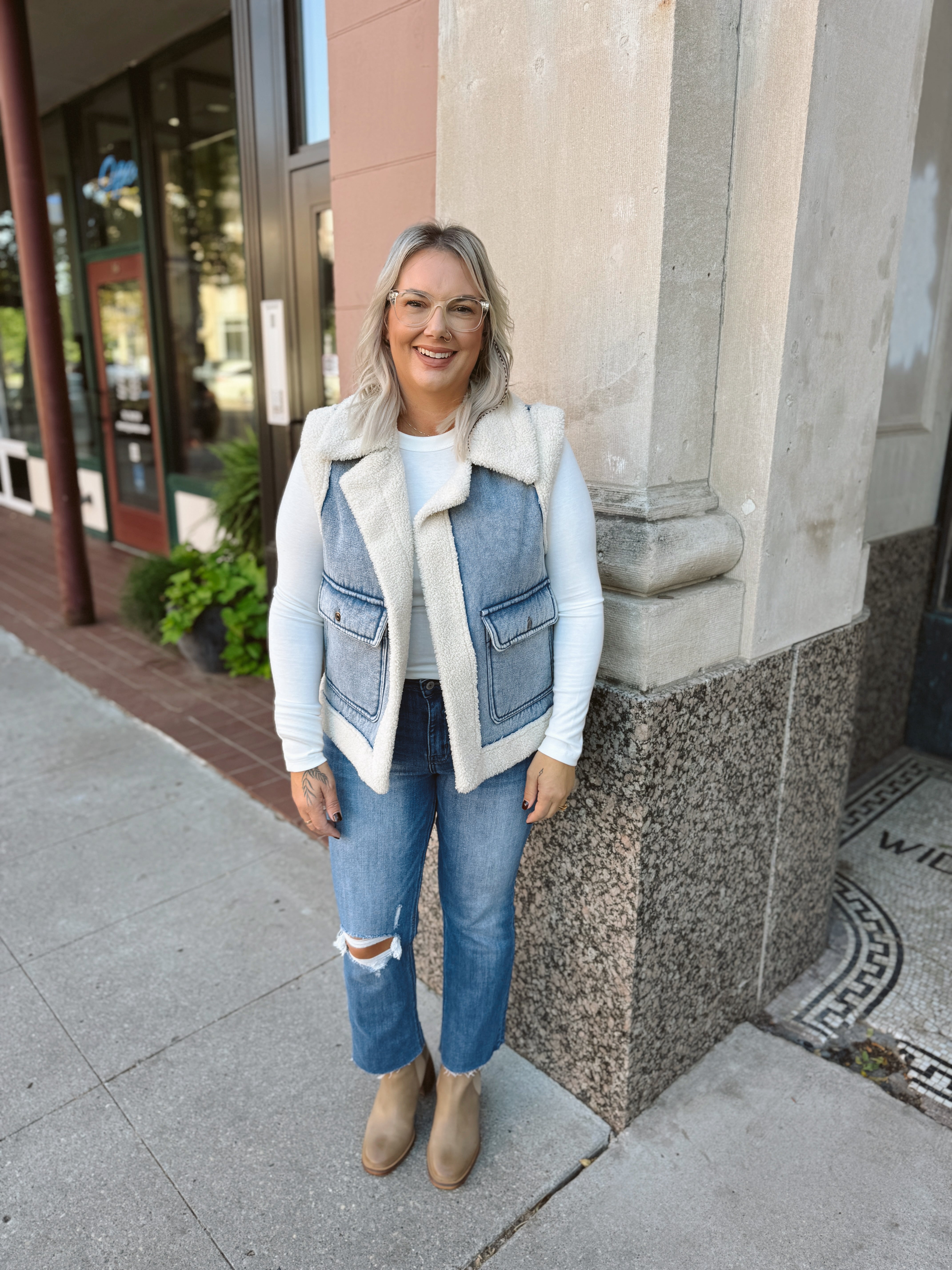 Denim and Sherpa Fur Vest-Vests-eesome-The Silo Boutique, Women's Fashion Boutique Located in Warren and Grand Forks North Dakota