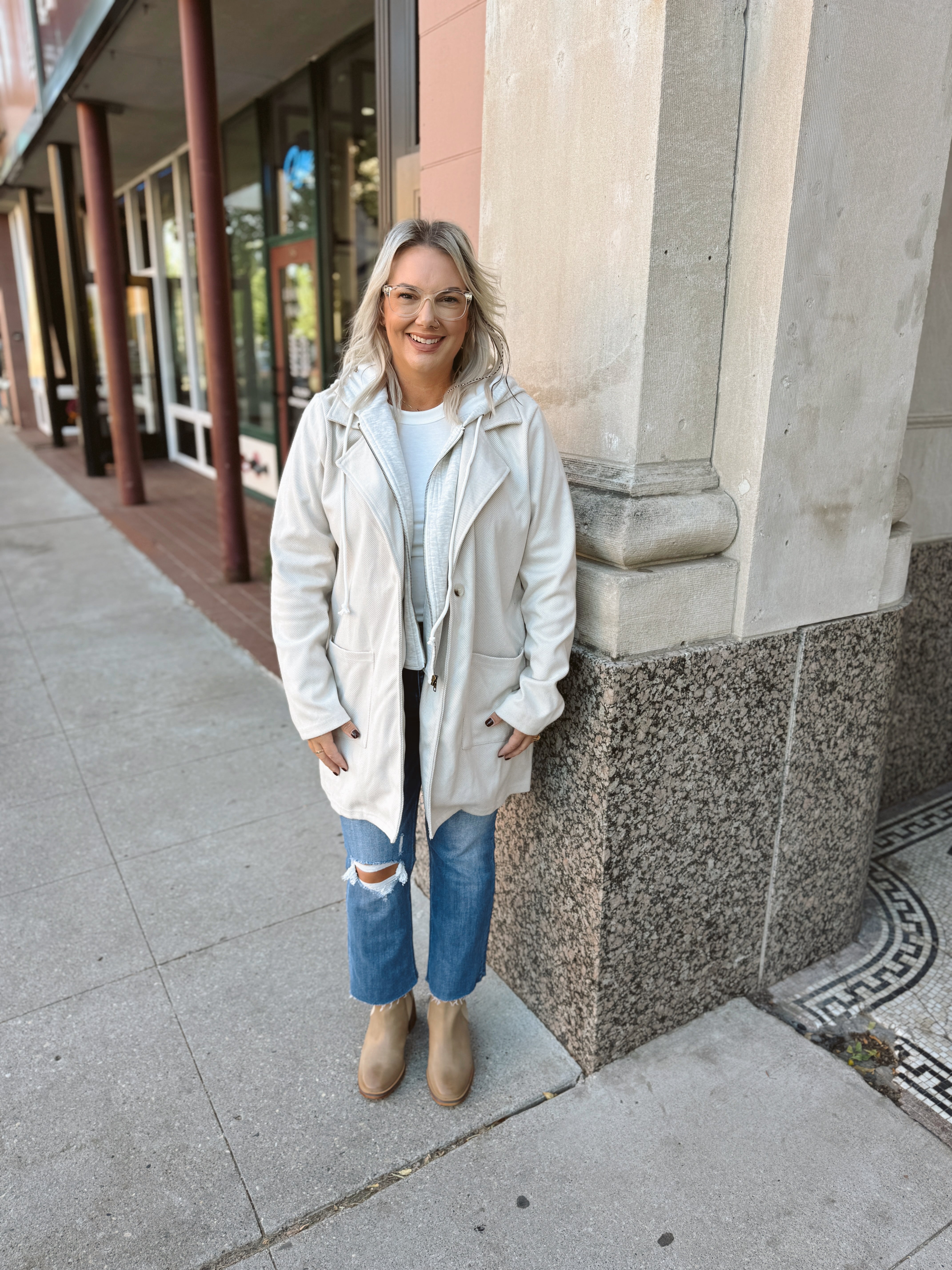 Ecru Hooded Sweatshirt Jacket-Coats & Jackets-hem and thread-The Silo Boutique, Women's Fashion Boutique Located in Warren and Grand Forks North Dakota