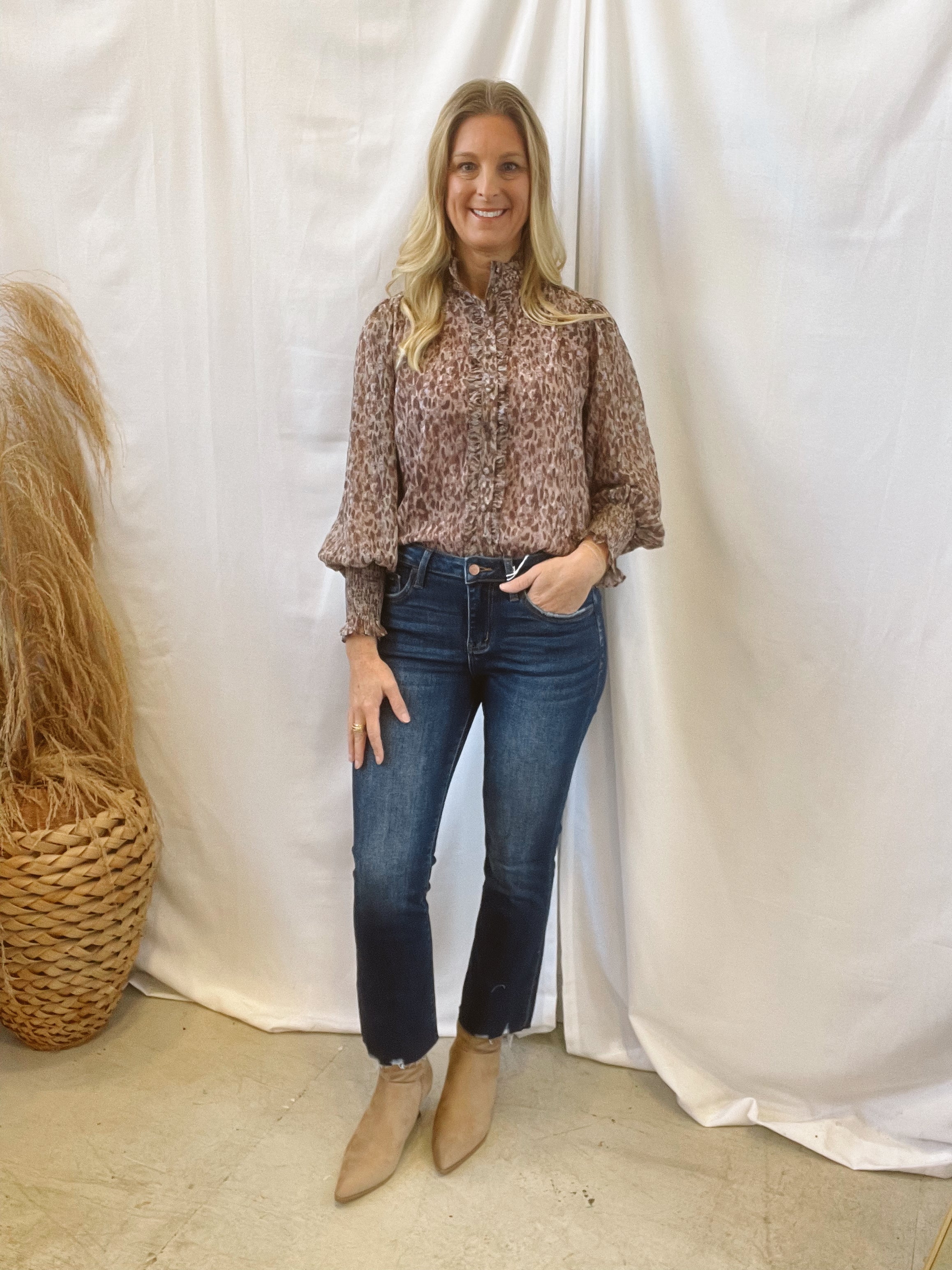 Fate Brown Ruffle Blouse-Final Sale-Long Sleeve Tops-fate-The Silo Boutique, Women's Fashion Boutique Located in Warren and Grand Forks North Dakota