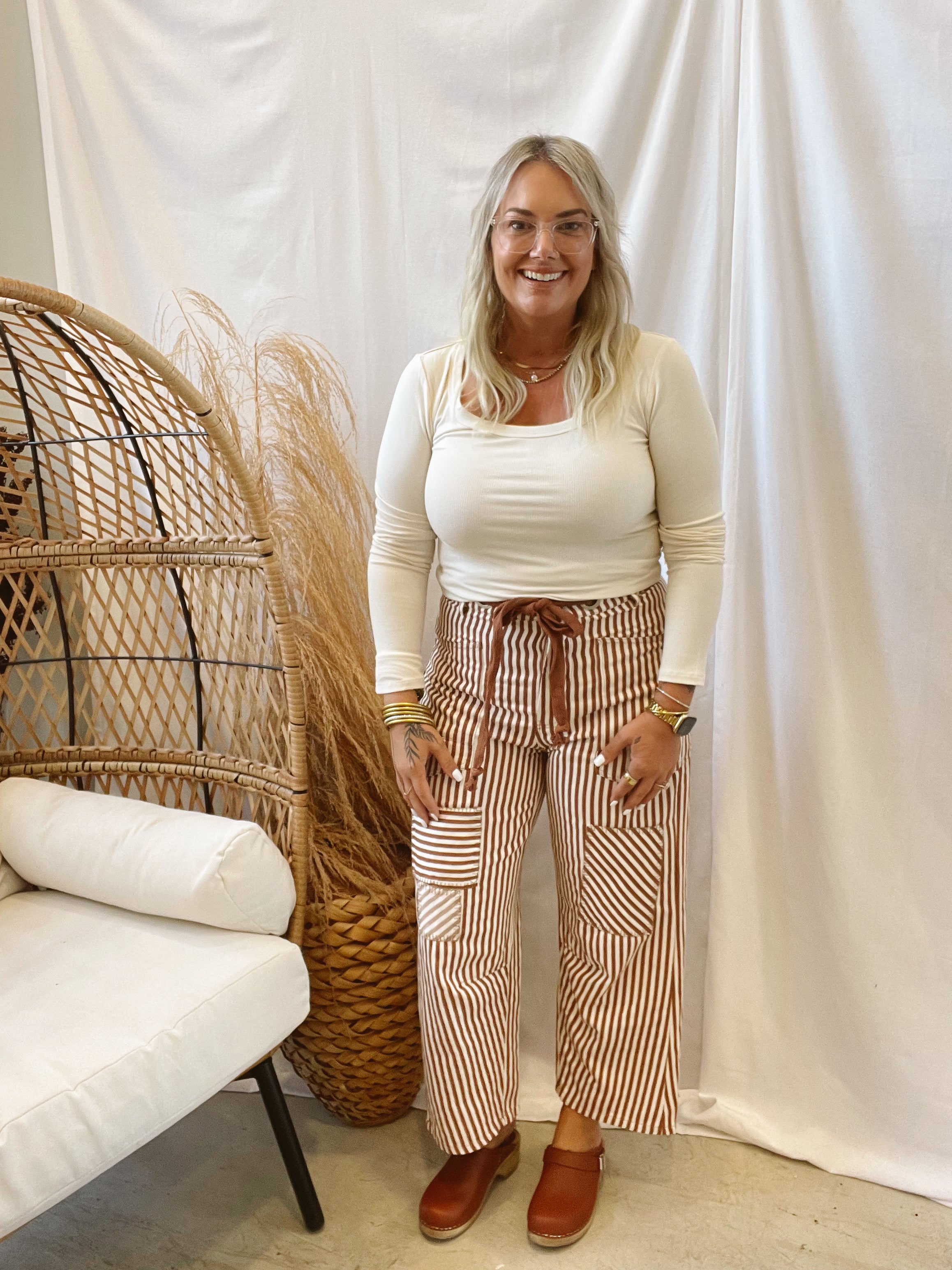 Give Me Some Striped Barrel Pants-Caramel-Final Sale-Jeans-eesome-The Silo Boutique, Women's Fashion Boutique Located in Warren and Grand Forks North Dakota