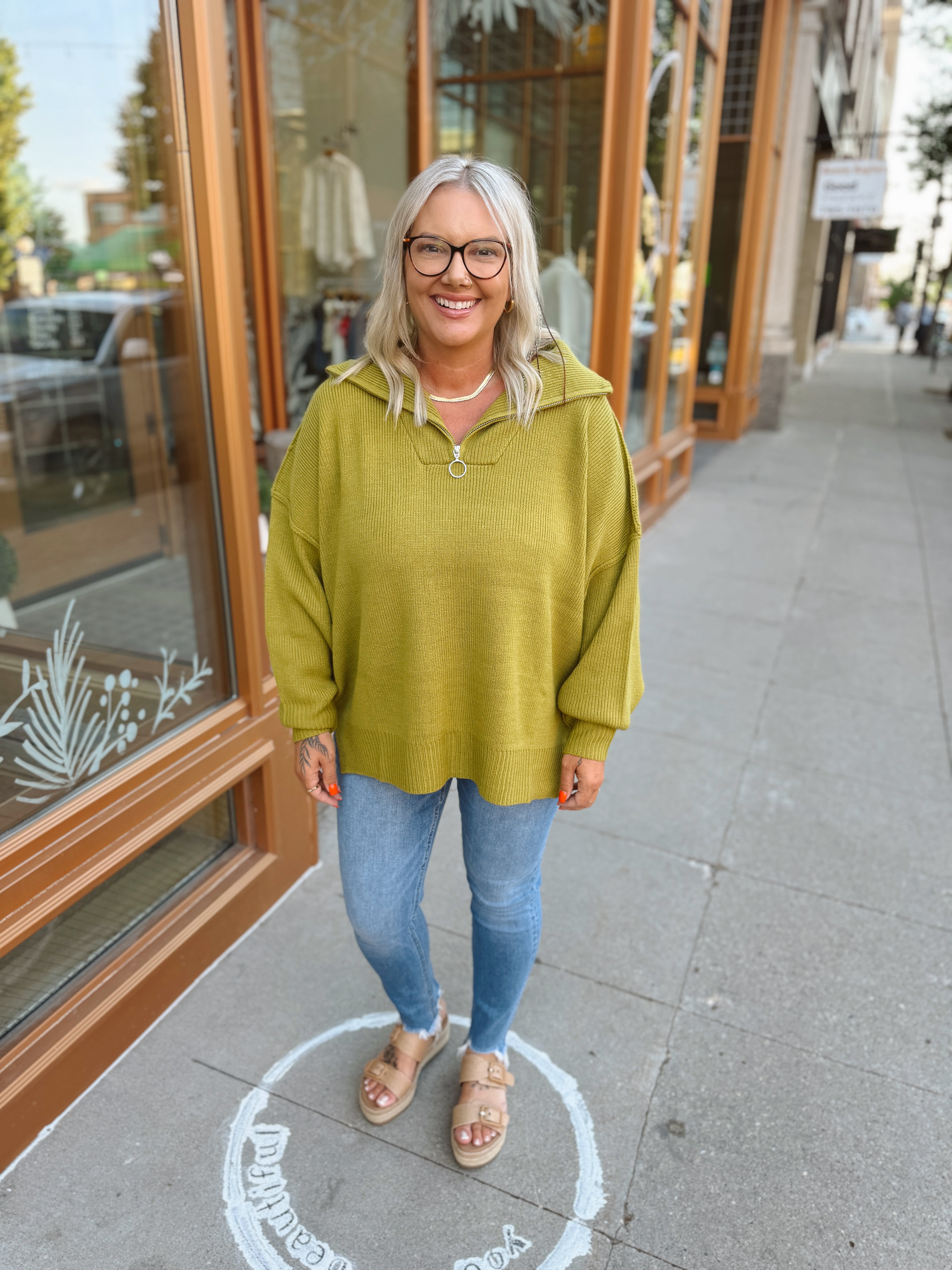 Chartreuse Half Zip Sweater Top-Sweaters-she and sky-The Silo Boutique, Women's Fashion Boutique Located in Warren and Grand Forks North Dakota