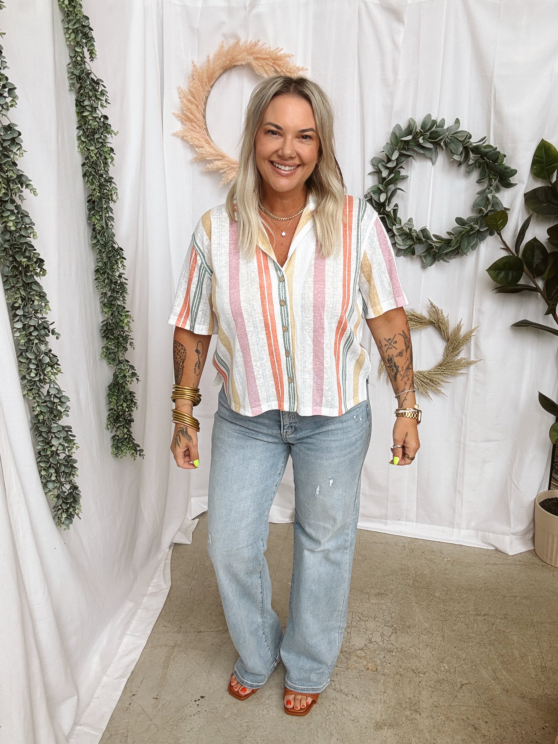 Multi Color Button Up Top-Short Sleeve Tops-hem and thread-The Silo Boutique, Women's Fashion Boutique Located in Warren and Grand Forks North Dakota