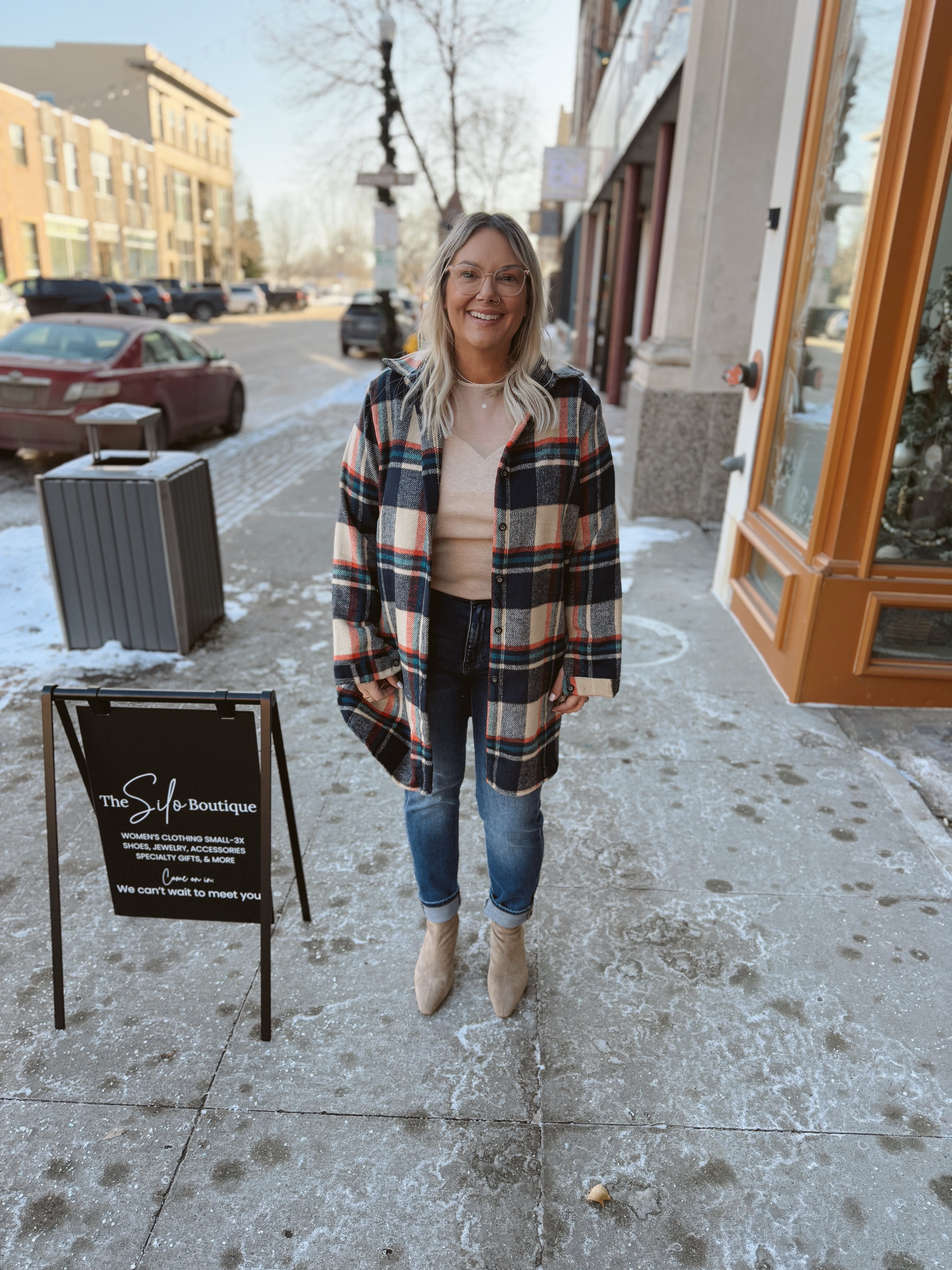 Annie Classic Plaid Shacket Navy and Taupe-Shackets-adora-The Silo Boutique, Women's Fashion Boutique Located in Warren and Grand Forks North Dakota