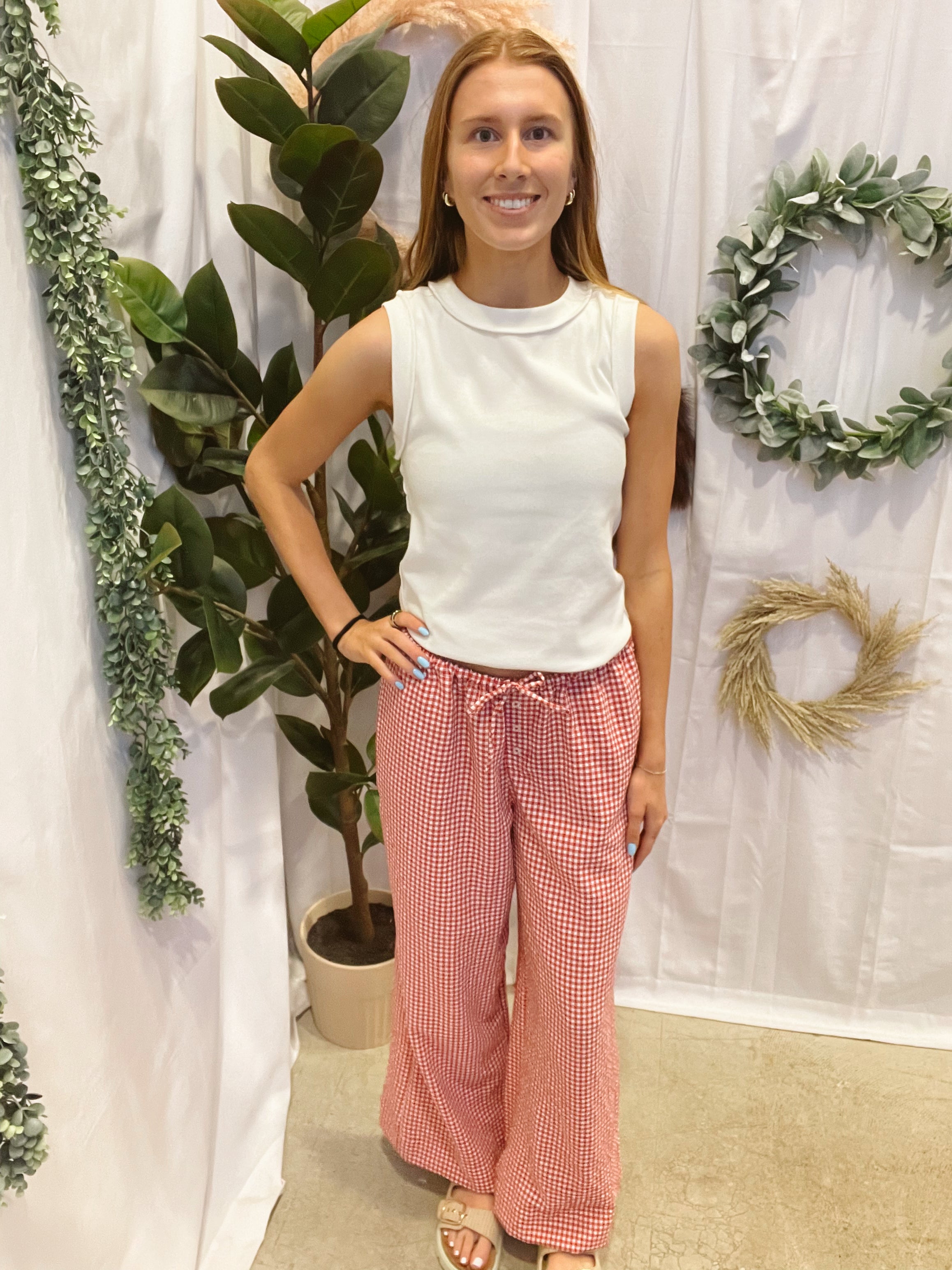 Gingham Wide Leg Pants-Red-Pants-hyfve-The Silo Boutique, Women's Fashion Boutique Located in Warren and Grand Forks North Dakota