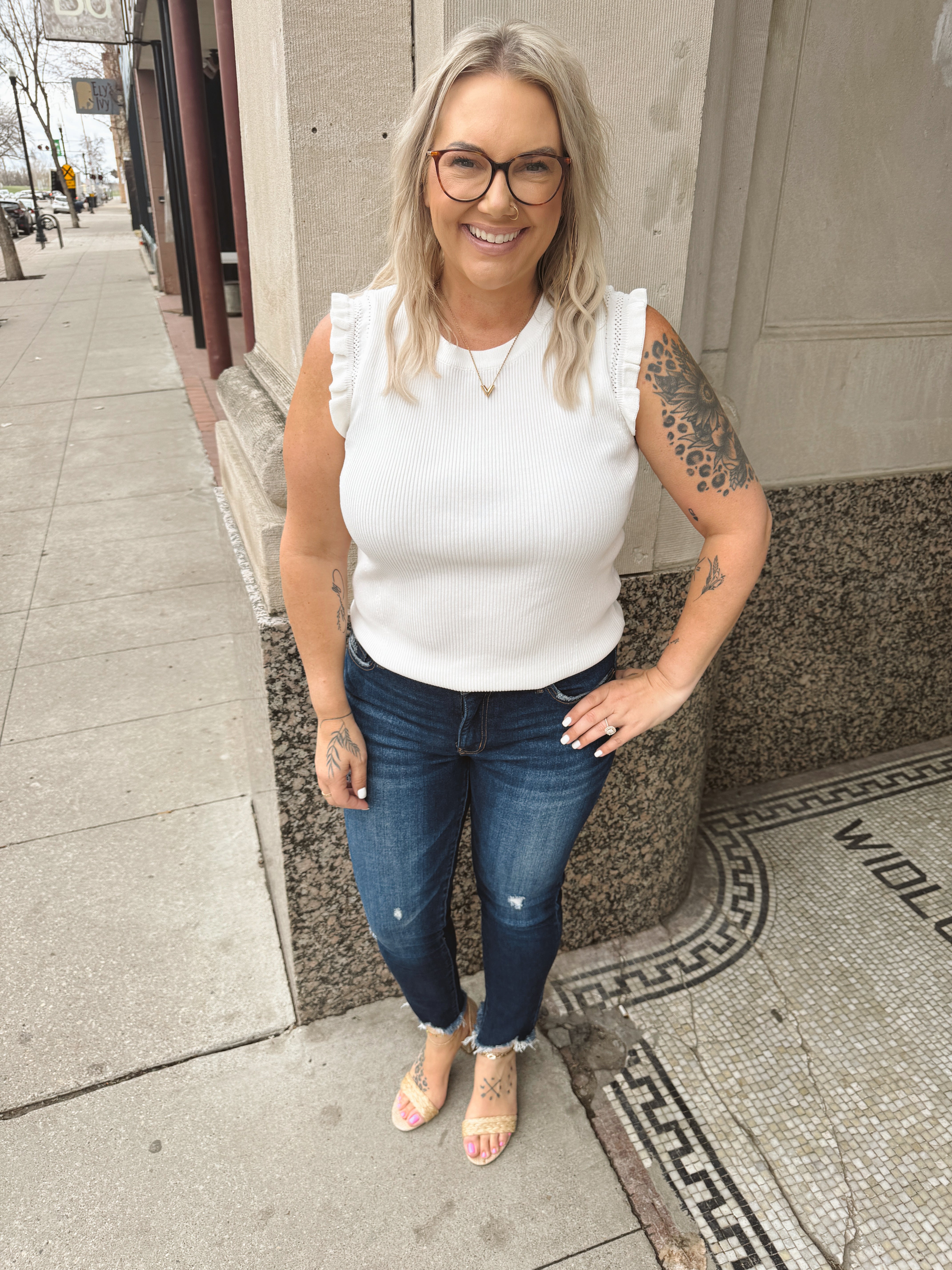 Skies Ruffle Sleeveless Knit Top-Off White-Tank Tops-skies are blue-The Silo Boutique, Women's Fashion Boutique Located in Warren and Grand Forks North Dakota