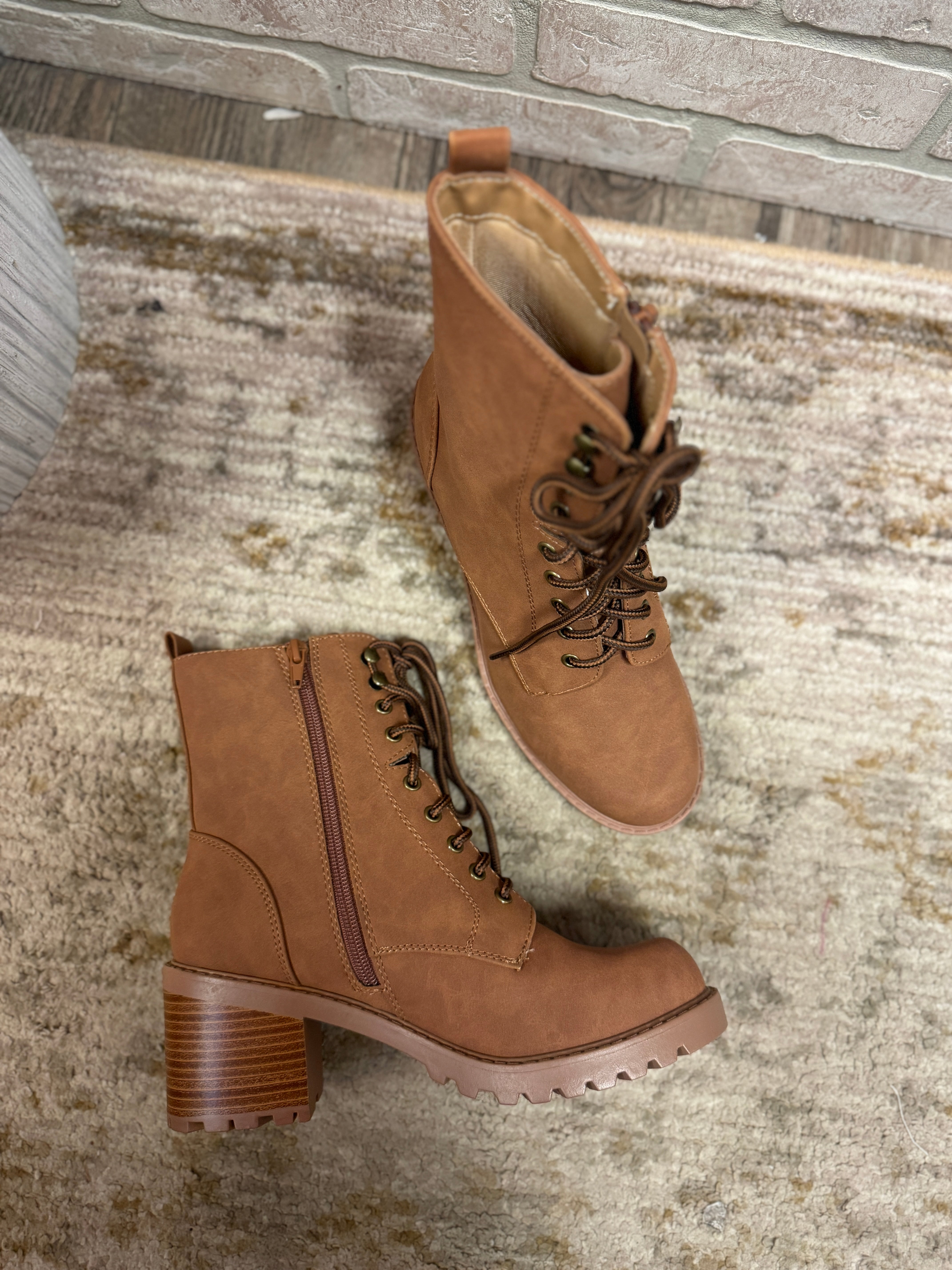 Soda Velour Lug Boot Shoe-Cognac-Boots-soda-The Silo Boutique, Women's Fashion Boutique Located in Warren and Grand Forks North Dakota