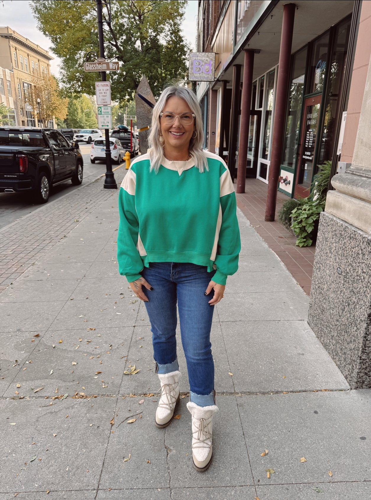 Olivia Green Sweatshirt-Sweatshirts-papermoon-The Silo Boutique, Women's Fashion Boutique Located in Warren and Grand Forks North Dakota