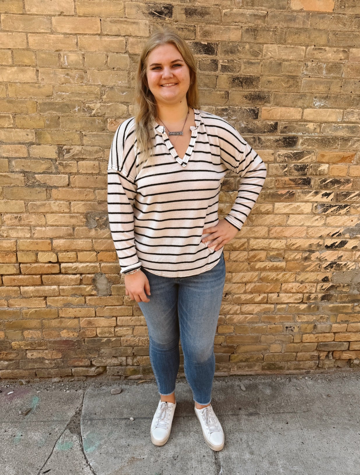 Lightweight Ivory and Black Pepper Striped Top-Long Sleeve Tops-blu pepper-The Silo Boutique, Women's Fashion Boutique Located in Warren and Grand Forks North Dakota