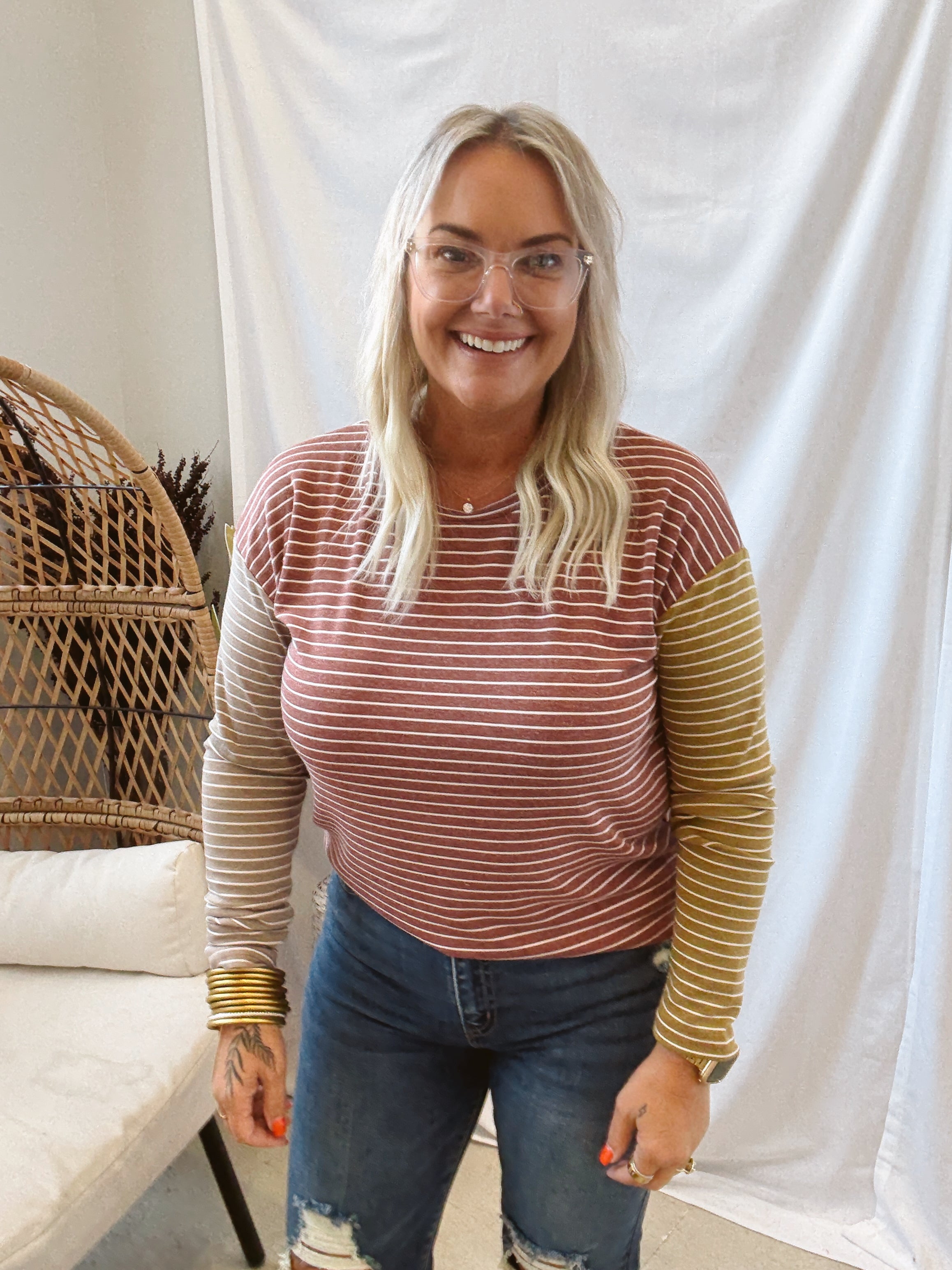 Striped Colorblock Crew Neck Top-Final Sale-Long Sleeve Tops-hem and thread-The Silo Boutique, Women's Fashion Boutique Located in Warren and Grand Forks North Dakota