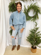 Elan Denim Button Up Top-Final Sale-Sweaters-elan-The Silo Boutique, Women's Fashion Boutique Located in Warren and Grand Forks North Dakota