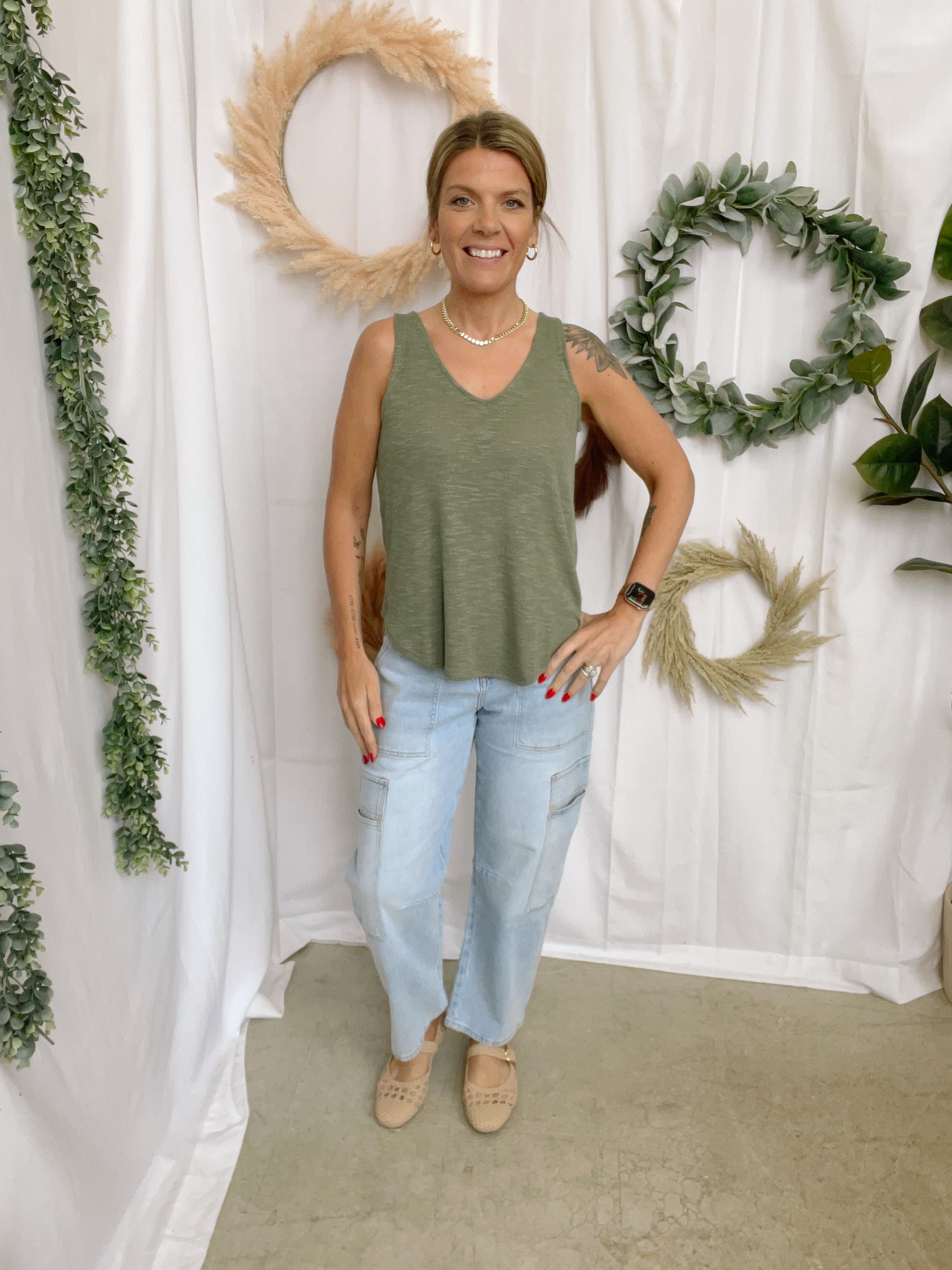 Mel V Neck Slub Tank Top-Olive-Tank Tops-Zenana-The Silo Boutique, Women's Fashion Boutique Located in Warren and Grand Forks North Dakota