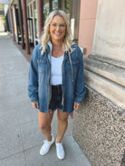 Medium Wash Denim Shirt with Hoodie Shacket-Coats & Jackets-risen-The Silo Boutique, Women's Fashion Boutique Located in Warren and Grand Forks North Dakota