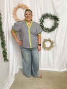 Navy Stripe with Lime Top-Short Sleeve Tops-ENTRO-The Silo Boutique, Women's Fashion Boutique Located in Warren and Grand Forks North Dakota