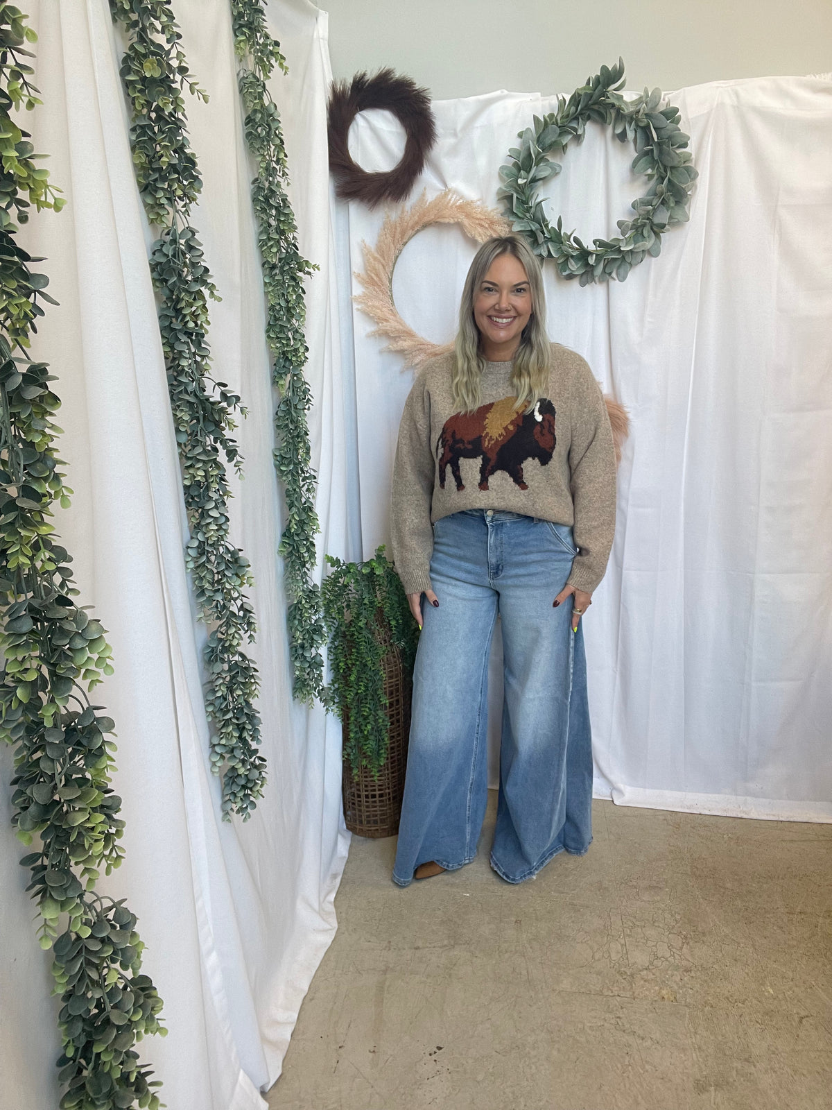 Bison Motif Sweater-Mocha-Sweaters-twentyfourth-The Silo Boutique, Women's Fashion Boutique Located in Warren and Grand Forks North Dakota