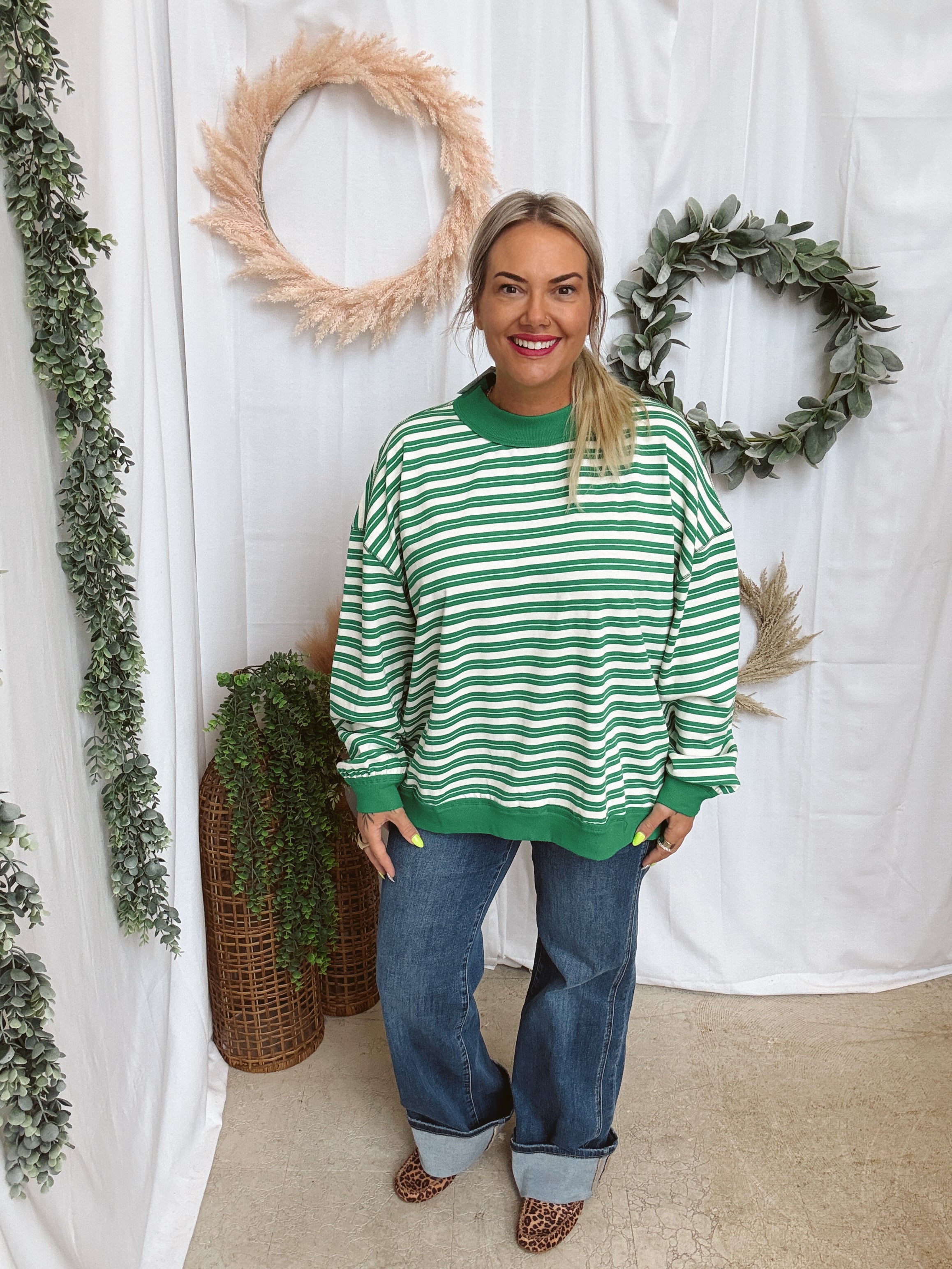 Mary Striped Mock Neck Sweatshirt-Green-Sweatshirts-twentyfourth-The Silo Boutique, Women's Fashion Boutique Located in Warren and Grand Forks North Dakota