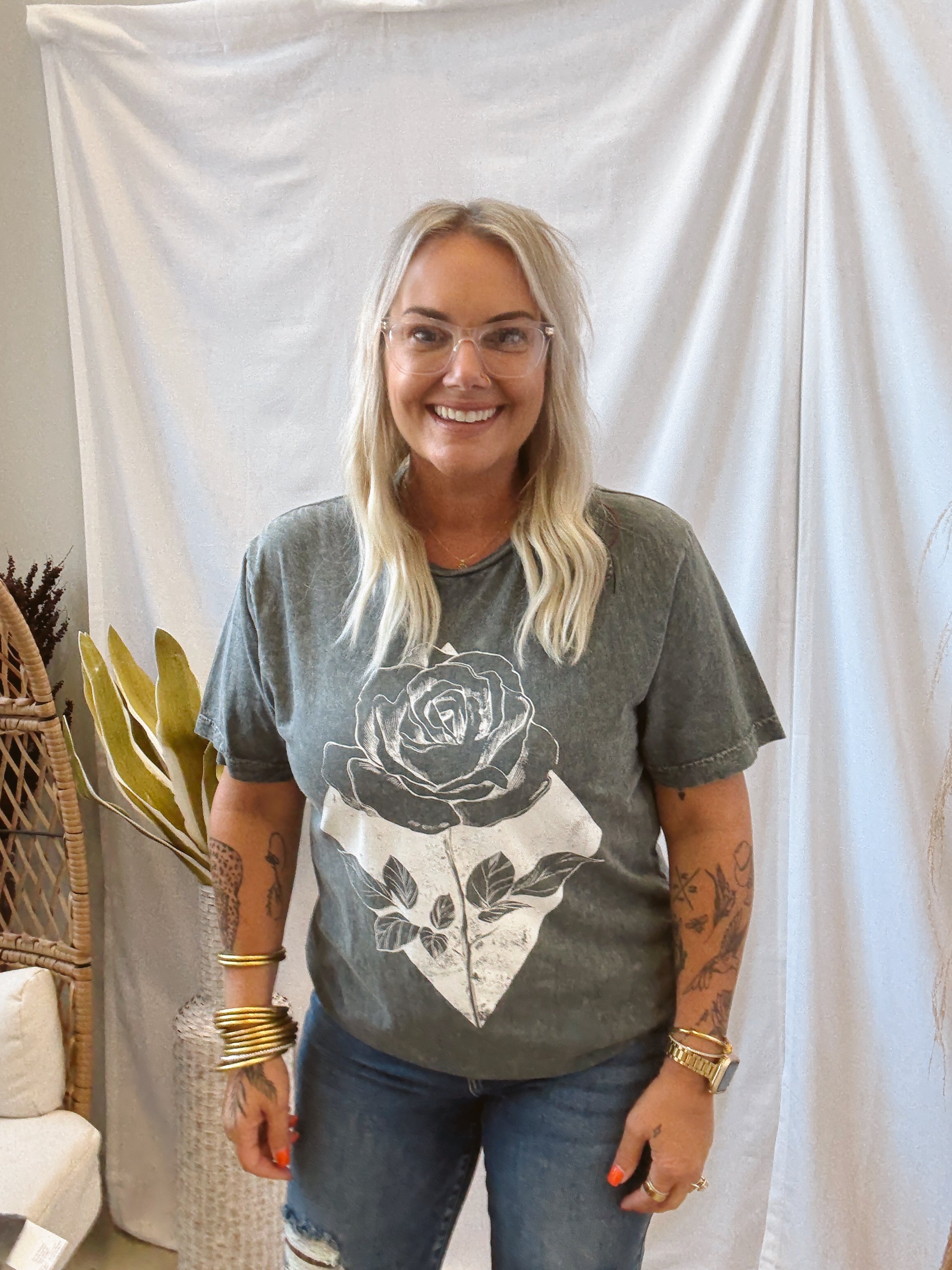 Black Wash Rose Graphic Tee-Final Sale-Graphic Tees-lotus-The Silo Boutique, Women's Fashion Boutique Located in Warren and Grand Forks North Dakota