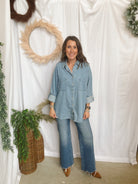 Sutton Denim Button Up Shirt-Long Sleeve Tops-blu pepper-The Silo Boutique, Women's Fashion Boutique Located in Warren and Grand Forks North Dakota
