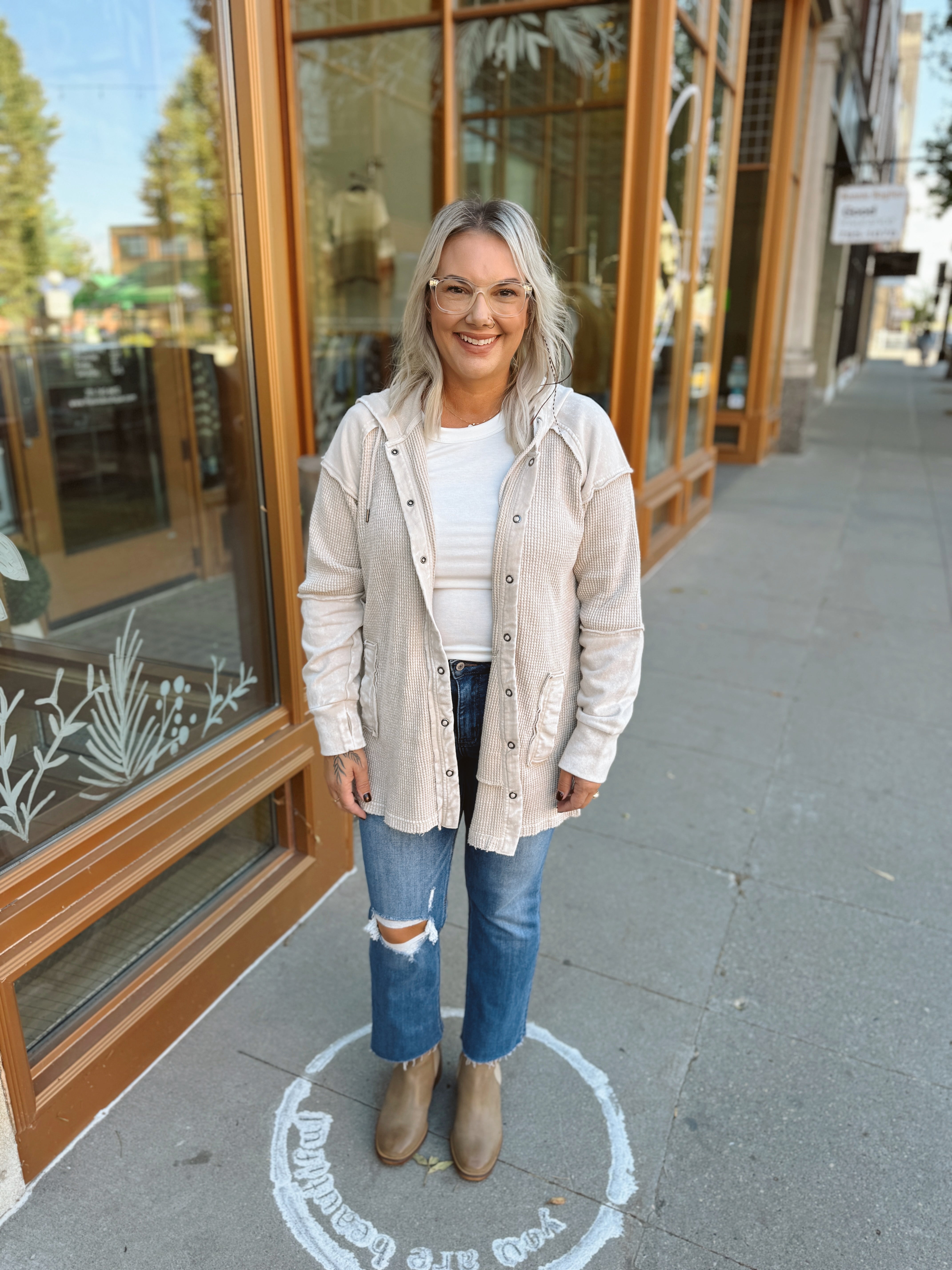 Tan Hooded Waffle Button Up Top-Shackets-26 international-The Silo Boutique, Women's Fashion Boutique Located in Warren and Grand Forks North Dakota