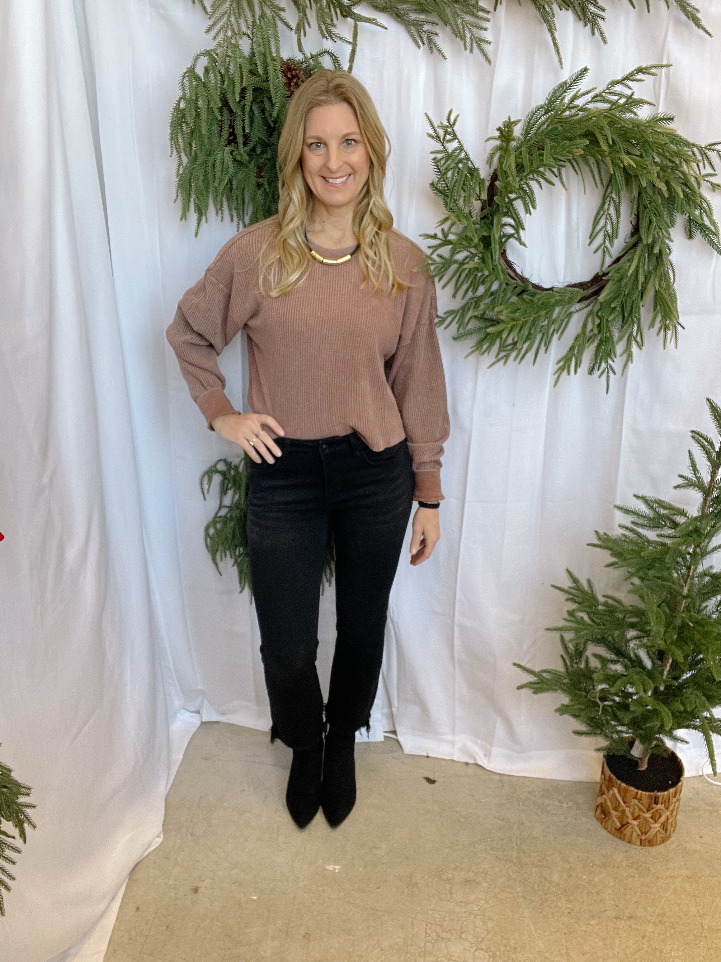 Relaxed Waffle Knit Top-Chestnut-Final Sale-Long Sleeve Tops-hyfve-The Silo Boutique, Women's Fashion Boutique Located in Warren and Grand Forks North Dakota