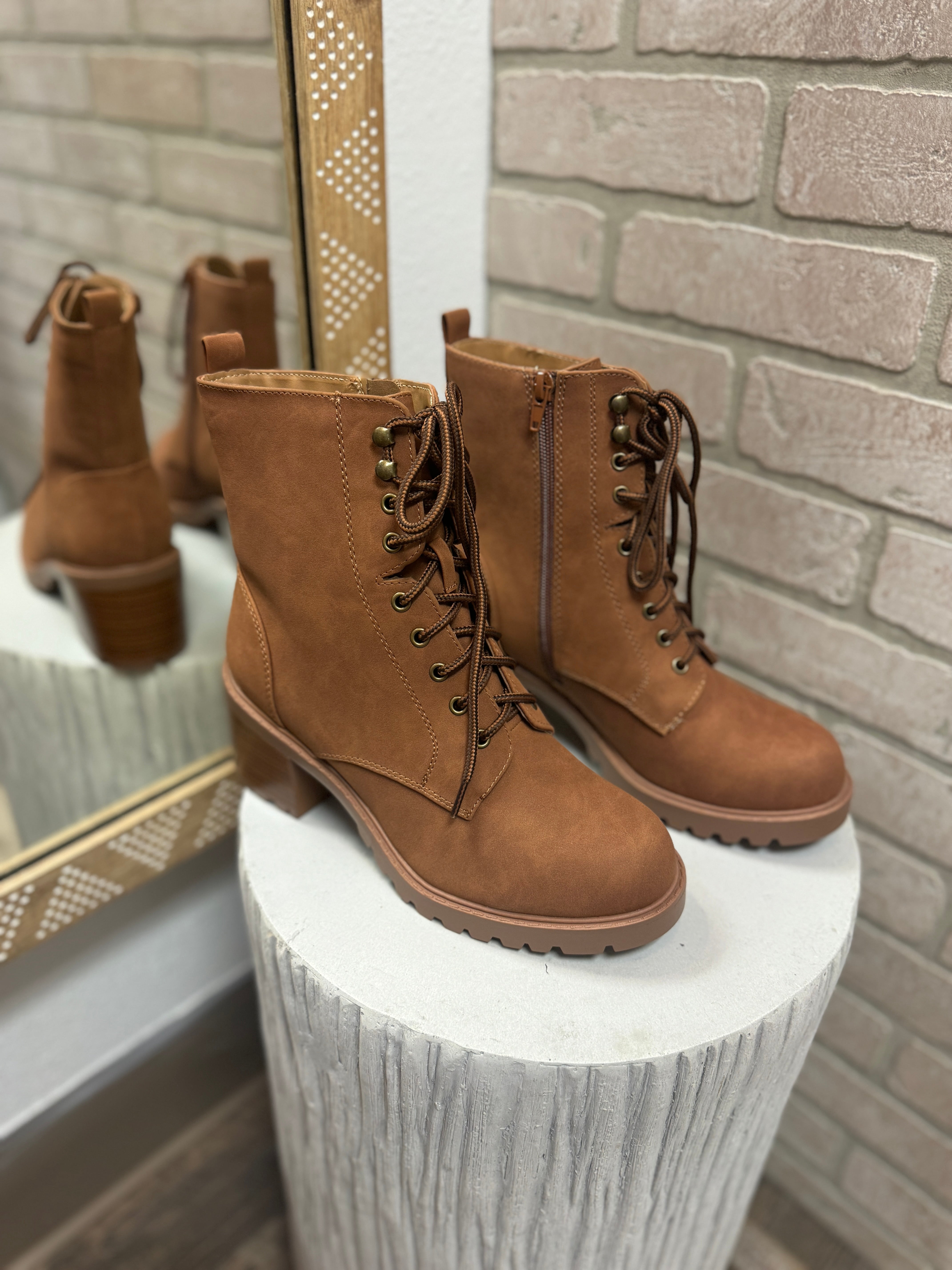 Soda Velour Lug Boot Shoe-Cognac-Boots-soda-The Silo Boutique, Women's Fashion Boutique Located in Warren and Grand Forks North Dakota