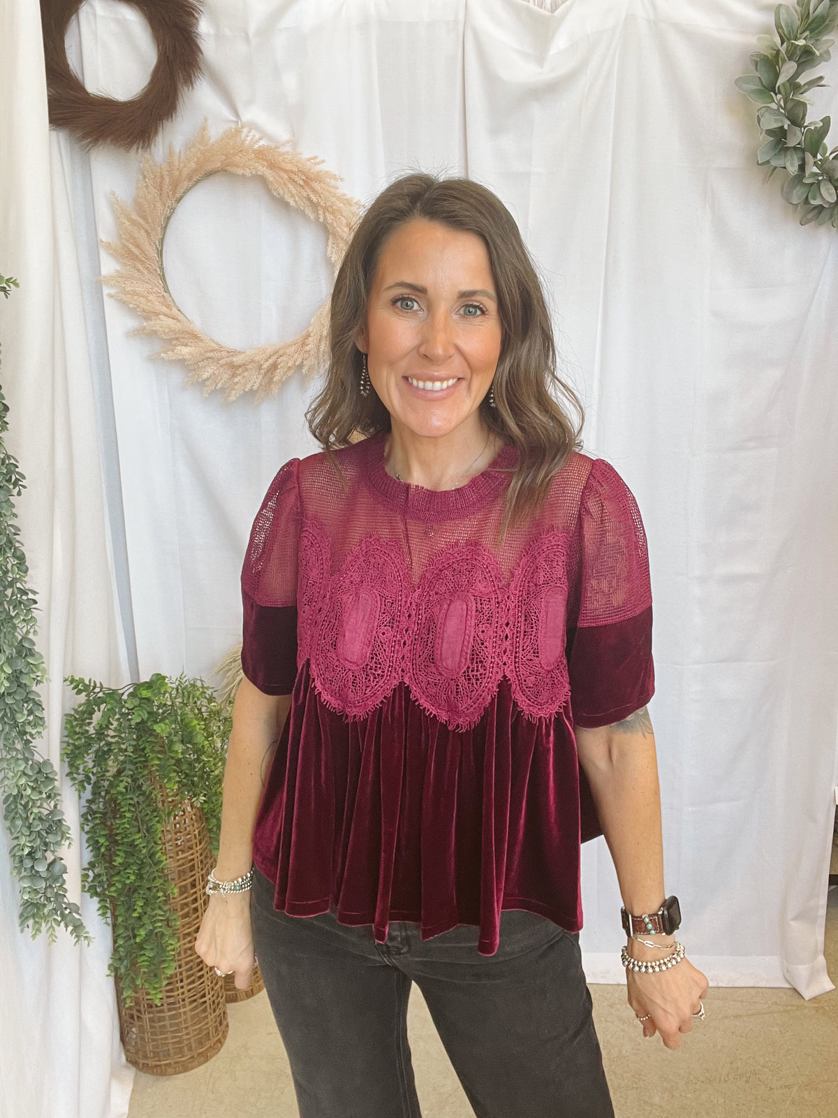 Velvet Scallop Top-Burgundy-Short Sleeve Tops-hem and thread-The Silo Boutique, Women's Fashion Boutique Located in Warren and Grand Forks North Dakota