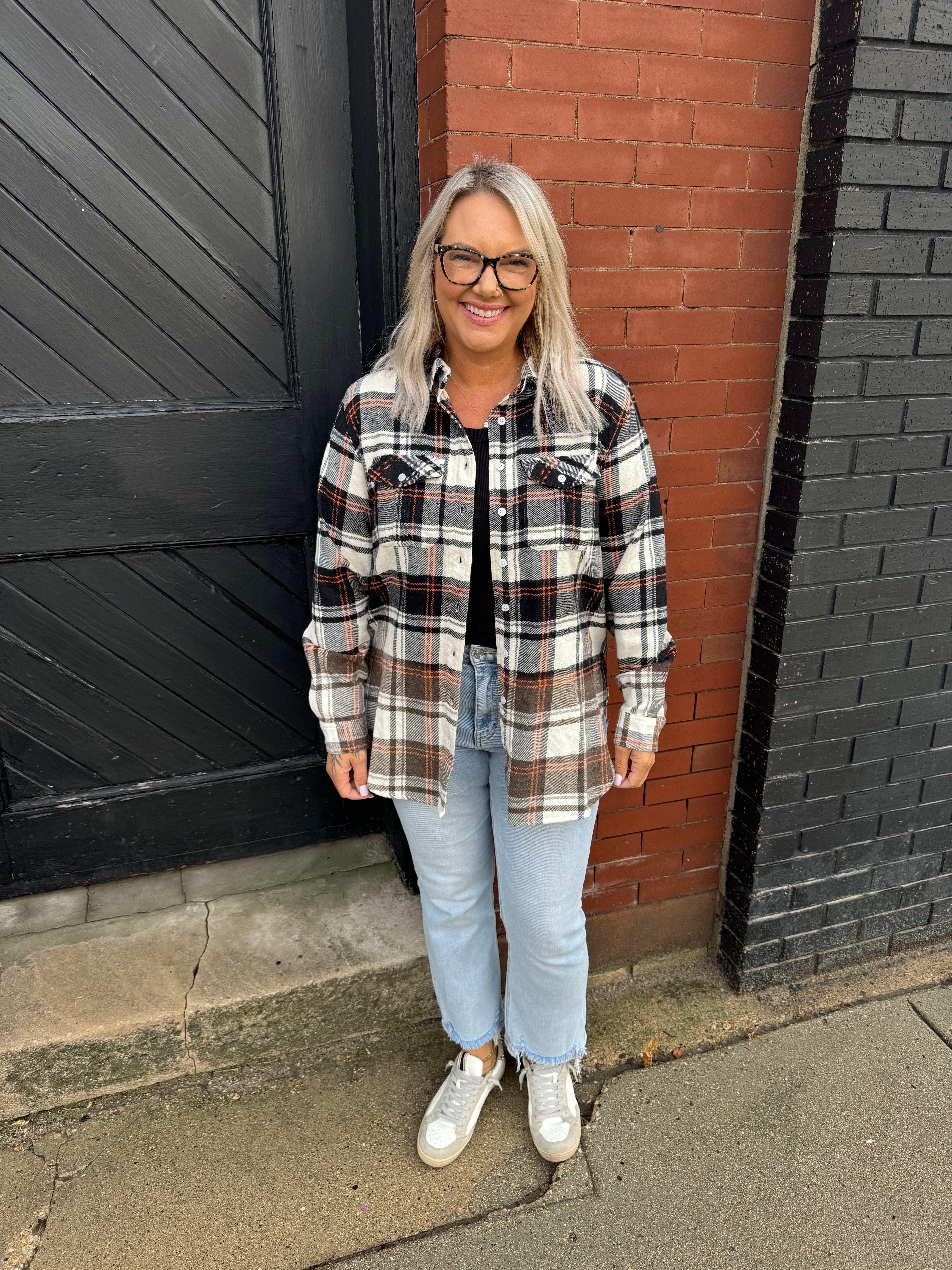 Black and Orange Plaid Flannel-Long Sleeve Tops-panaache-The Silo Boutique, Women's Fashion Boutique Located in Warren and Grand Forks North Dakota